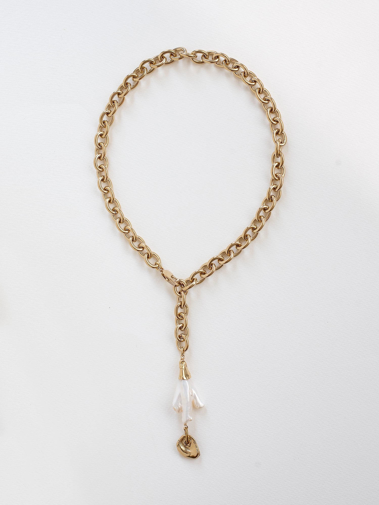 Cava Pearl and Brass Lariat Necklace by Michelle Ross