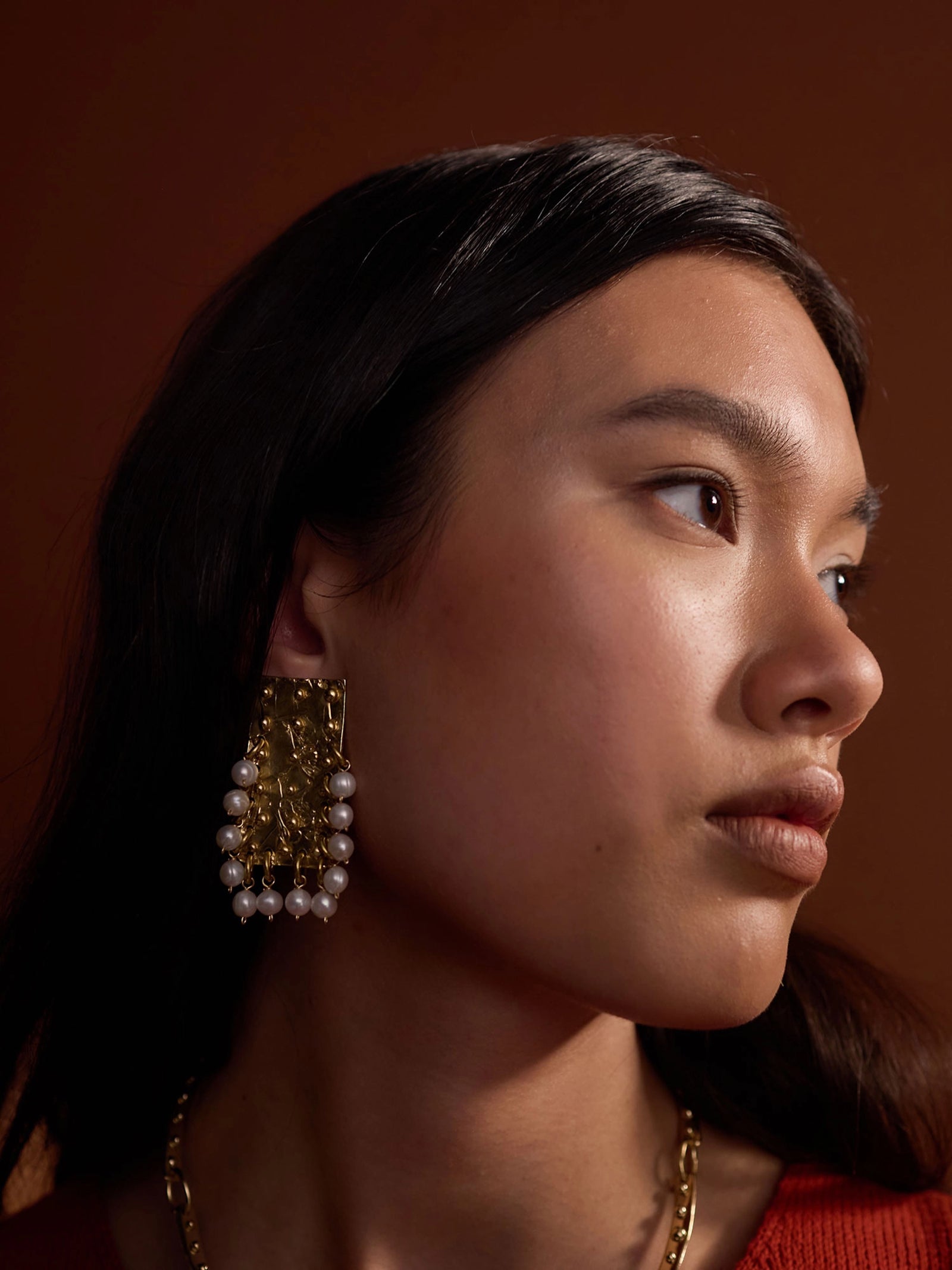 Eris Freshwater Pearl and Brass Statement Earrings by Michelle Ross