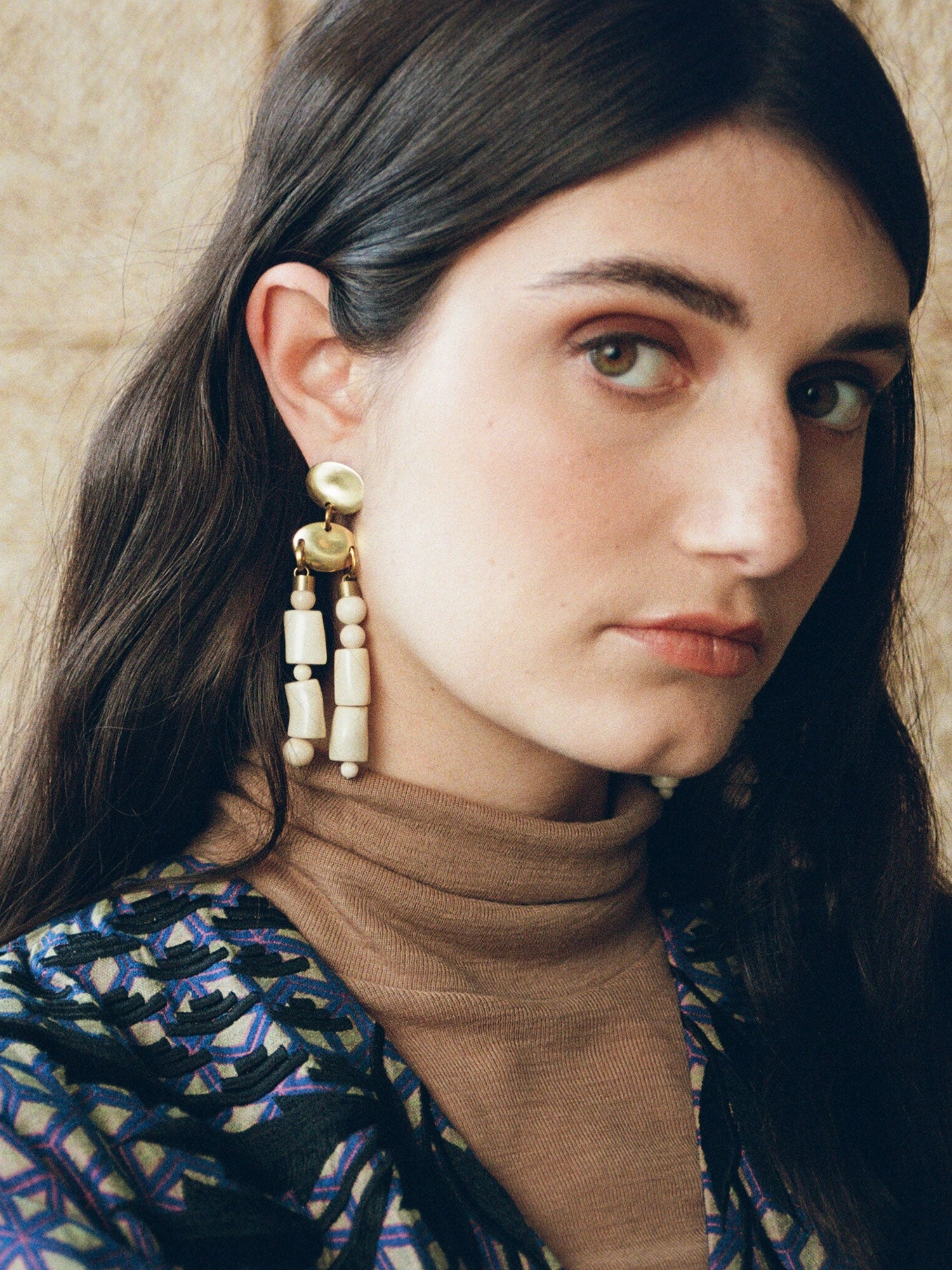 Ellison Brass, Riverstone and Coral Statement Earrings by Michelle Ross