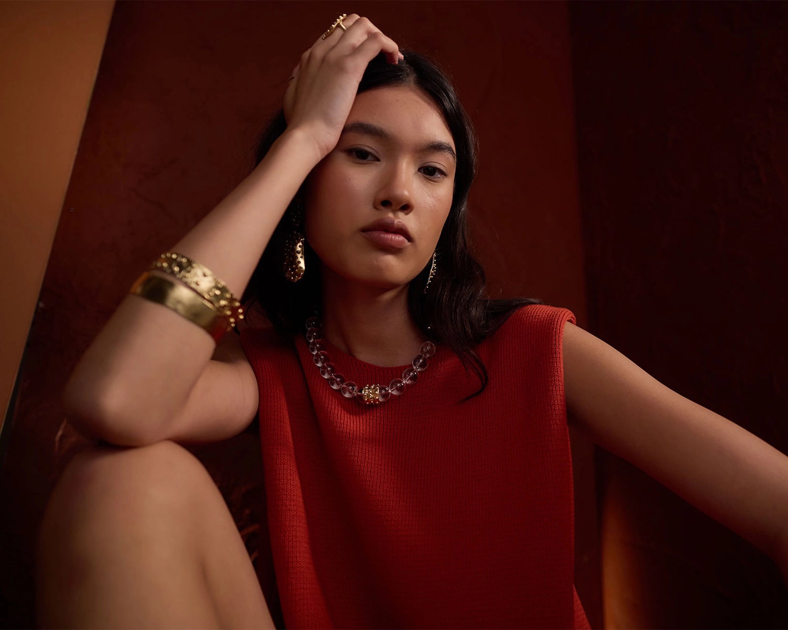 Loen Crystal Quartz Bead Necklace with Brass Details by Michelle Ross