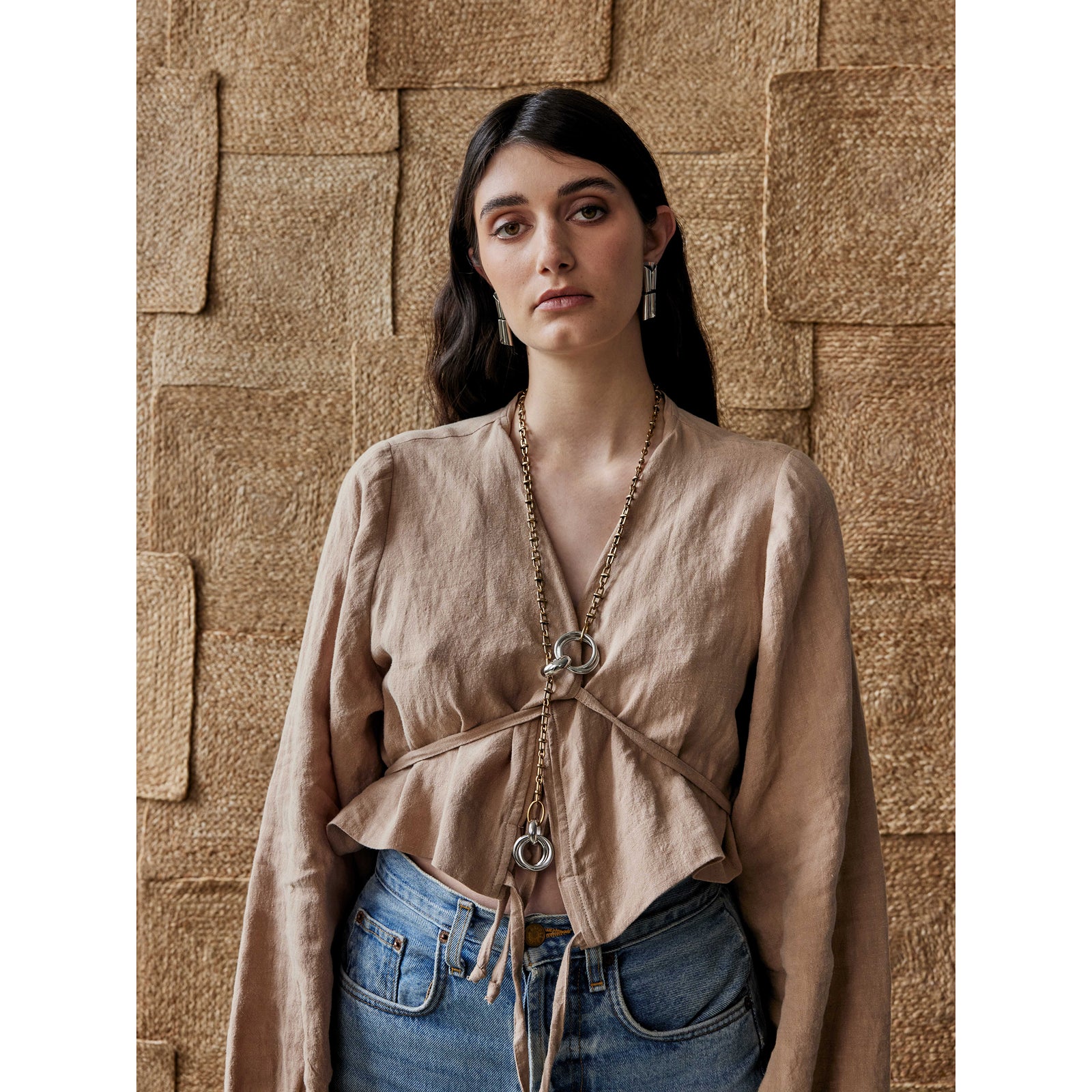 Michelle Ross Arlo Brass chain and Rhodium Lariat Necklace and Dae Rhodium Earrings