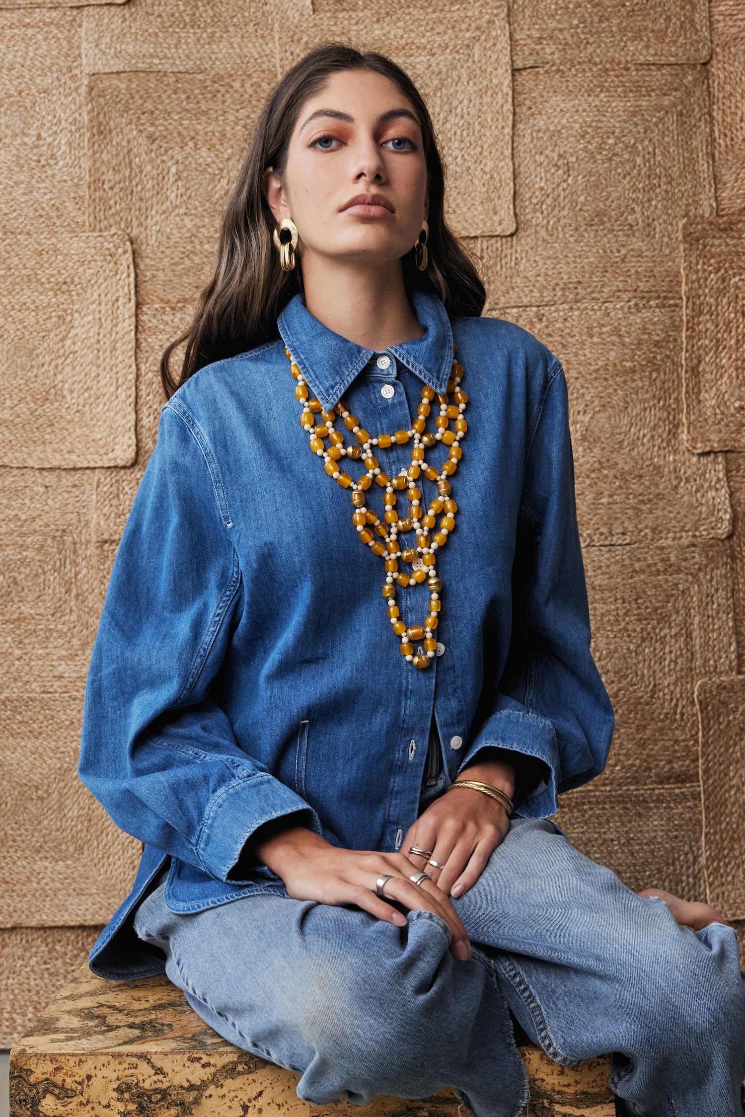 Michelle Ross Brass Amber Resin Statement Necklace and Benni Brass Earrings