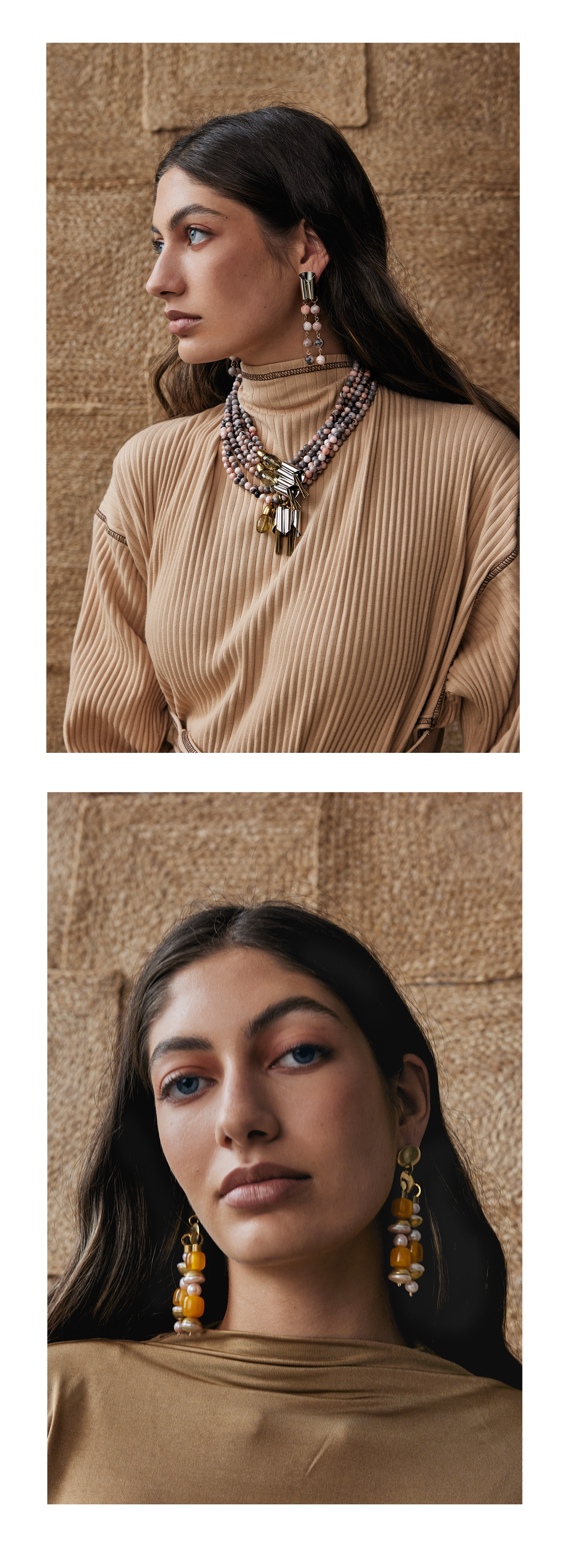 Michelle Ross Silas Pink Zebra Jasper Earrings and Sofra Pink Zebra Jasper Necklace and Ellison Resin Daybreak Earrings