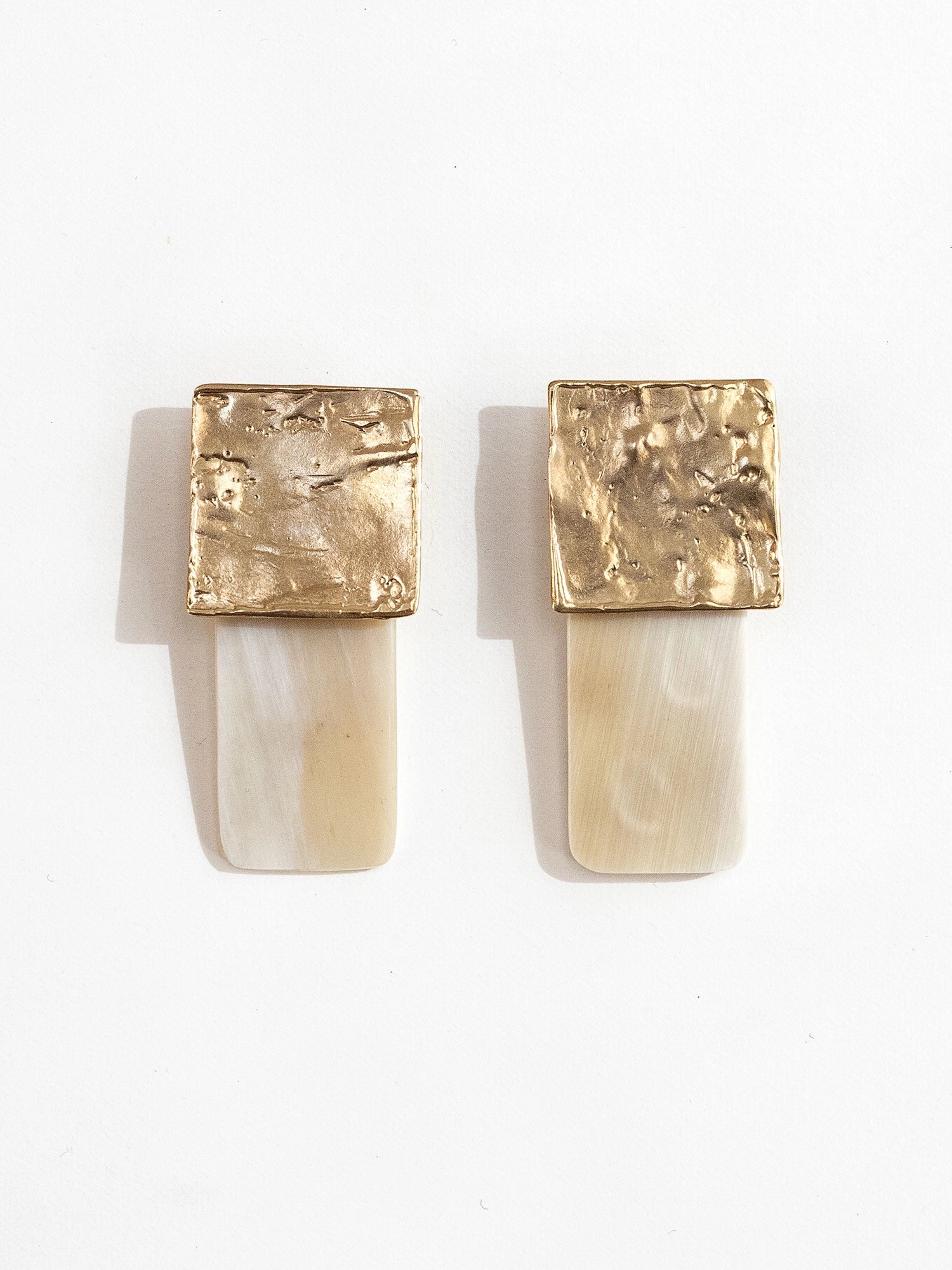 Pair of Ora Blonde Horn & Brass Stud Rectangular Statement Earrings by Michelle Ross