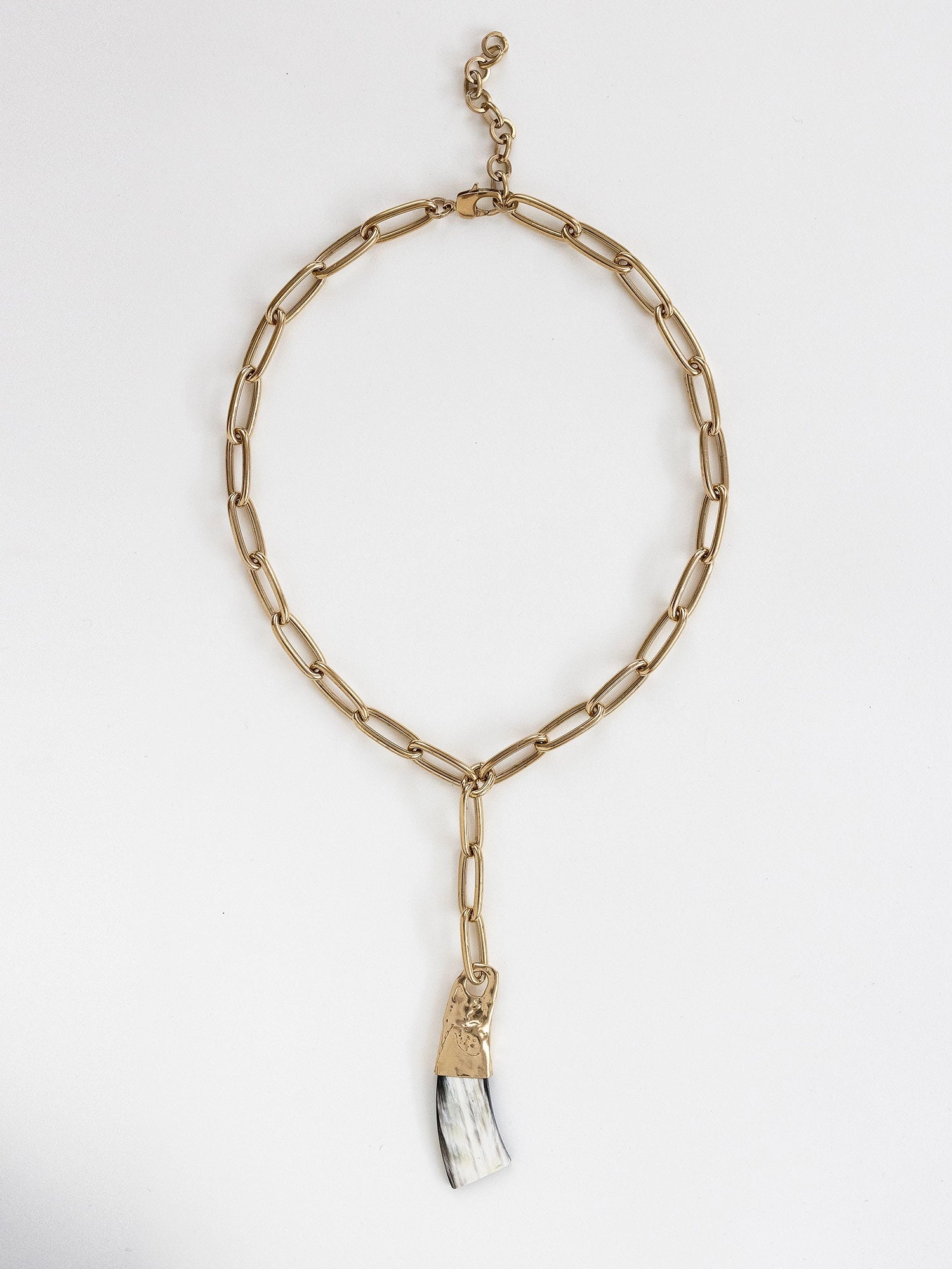 Brass chain link lariat necklace with a large horn pendant by Michelle Ross