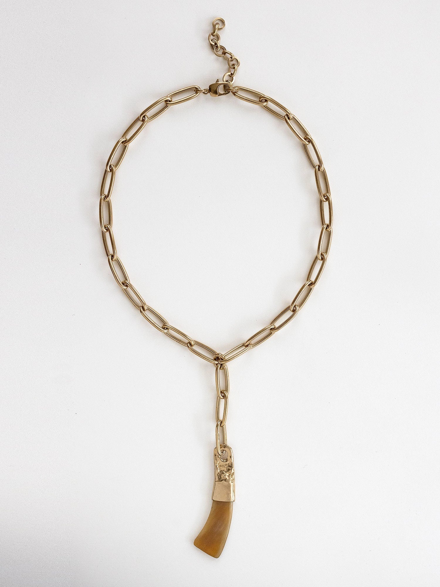 Brass chain link lariat necklace with a large camel horn pendant by Michelle Ross