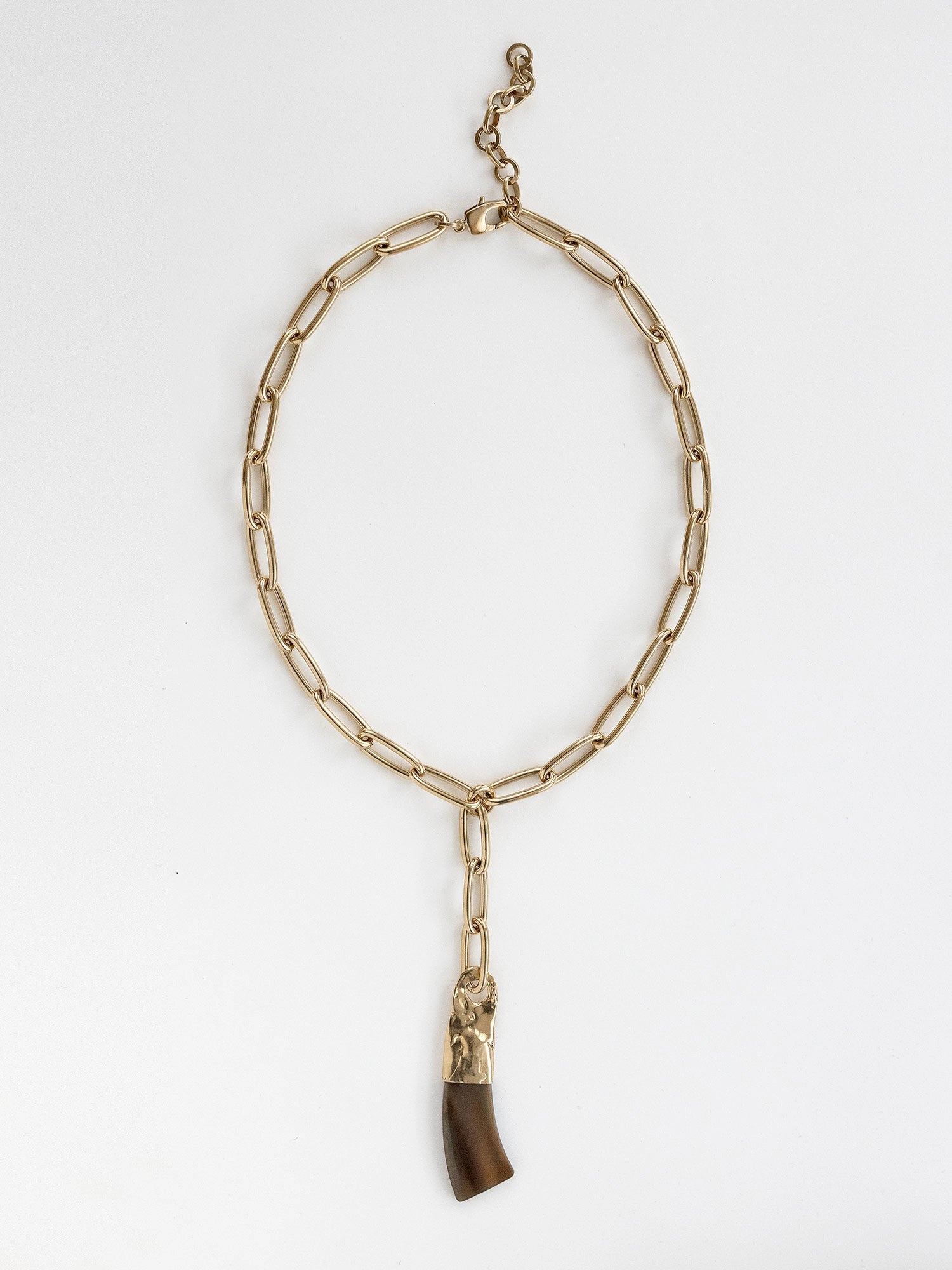 Brass chain link lariat necklace with a large camel horn pendant by Michelle Ross