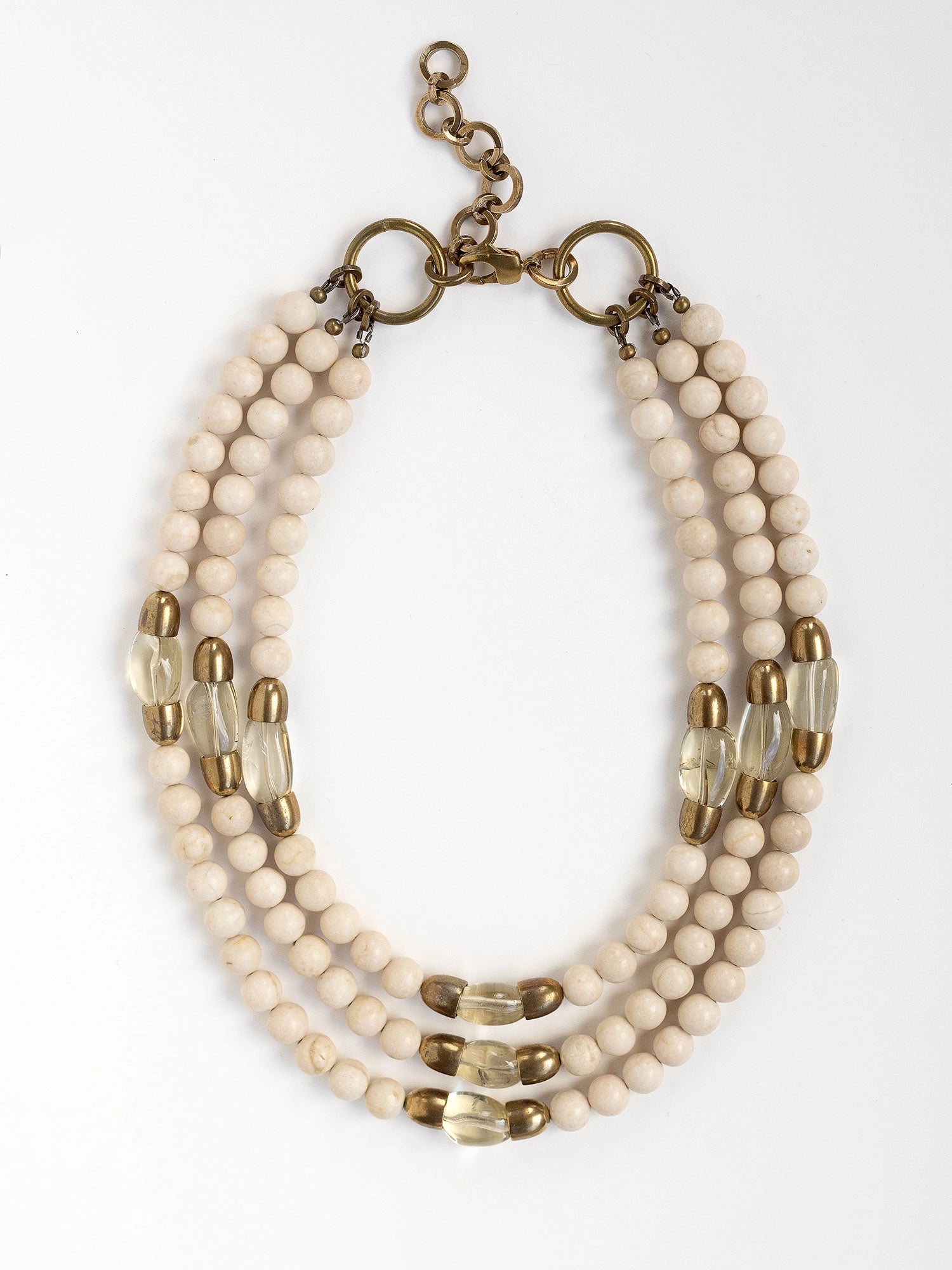 Multistrand necklace with cream riverstone and lemon quartz beads and gold brass accents by Michelle Ross