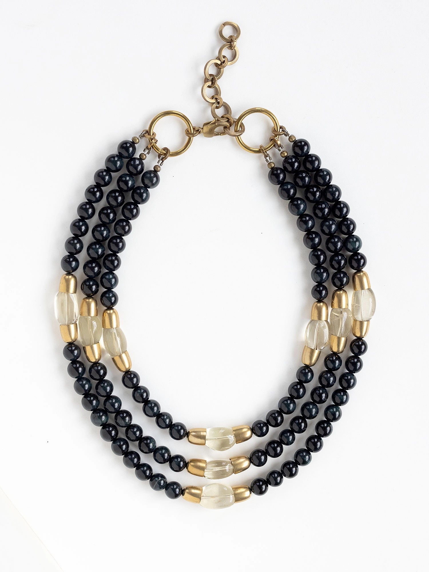Multistrand necklace with blue tigers eye and lemon quartz beads and gold brass accents by Michelle Ross