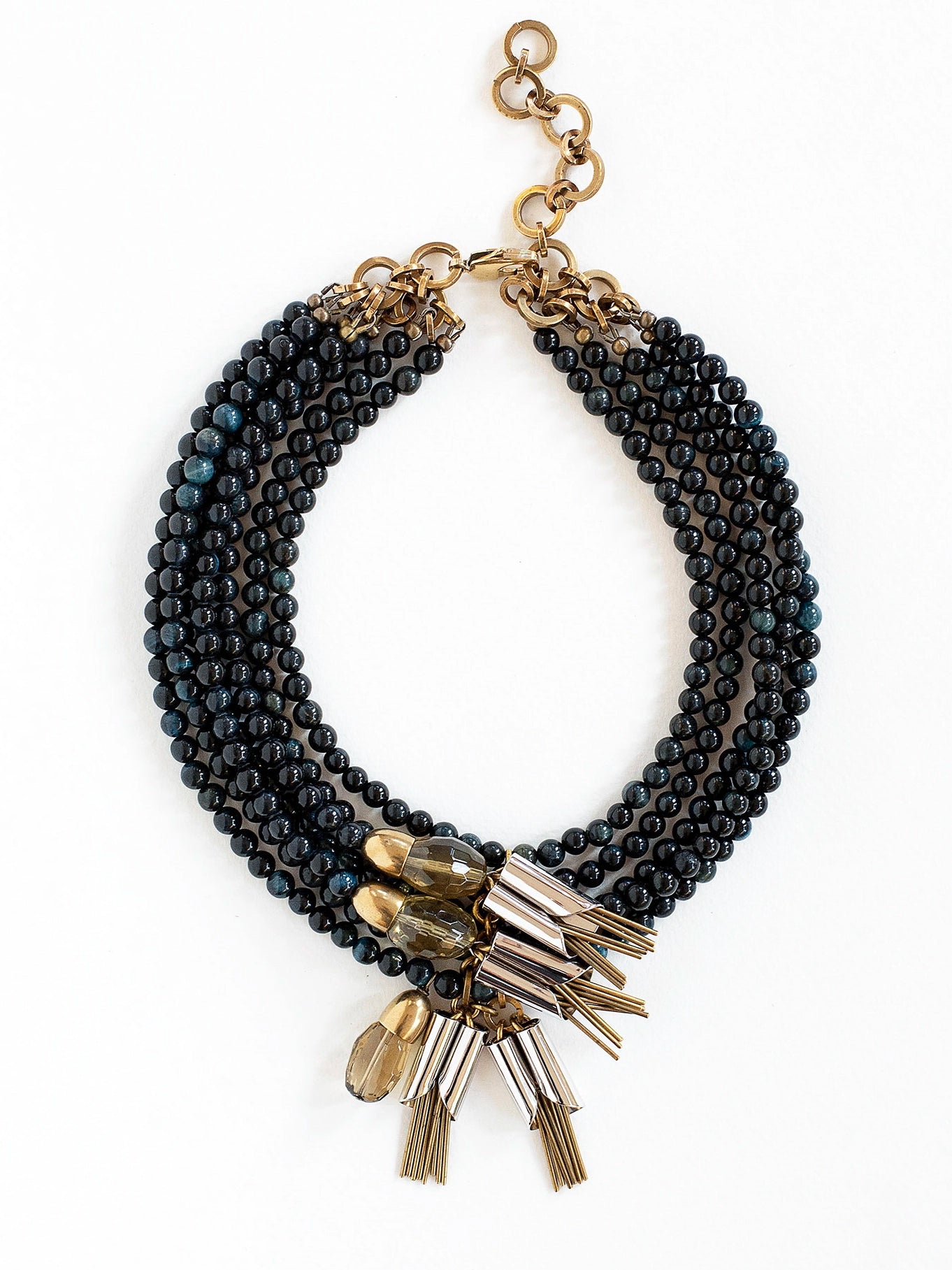 Sofra Brass, Blue Tigers Eye, Lemon Quartz and Rhodium Necklace Michelle Ross