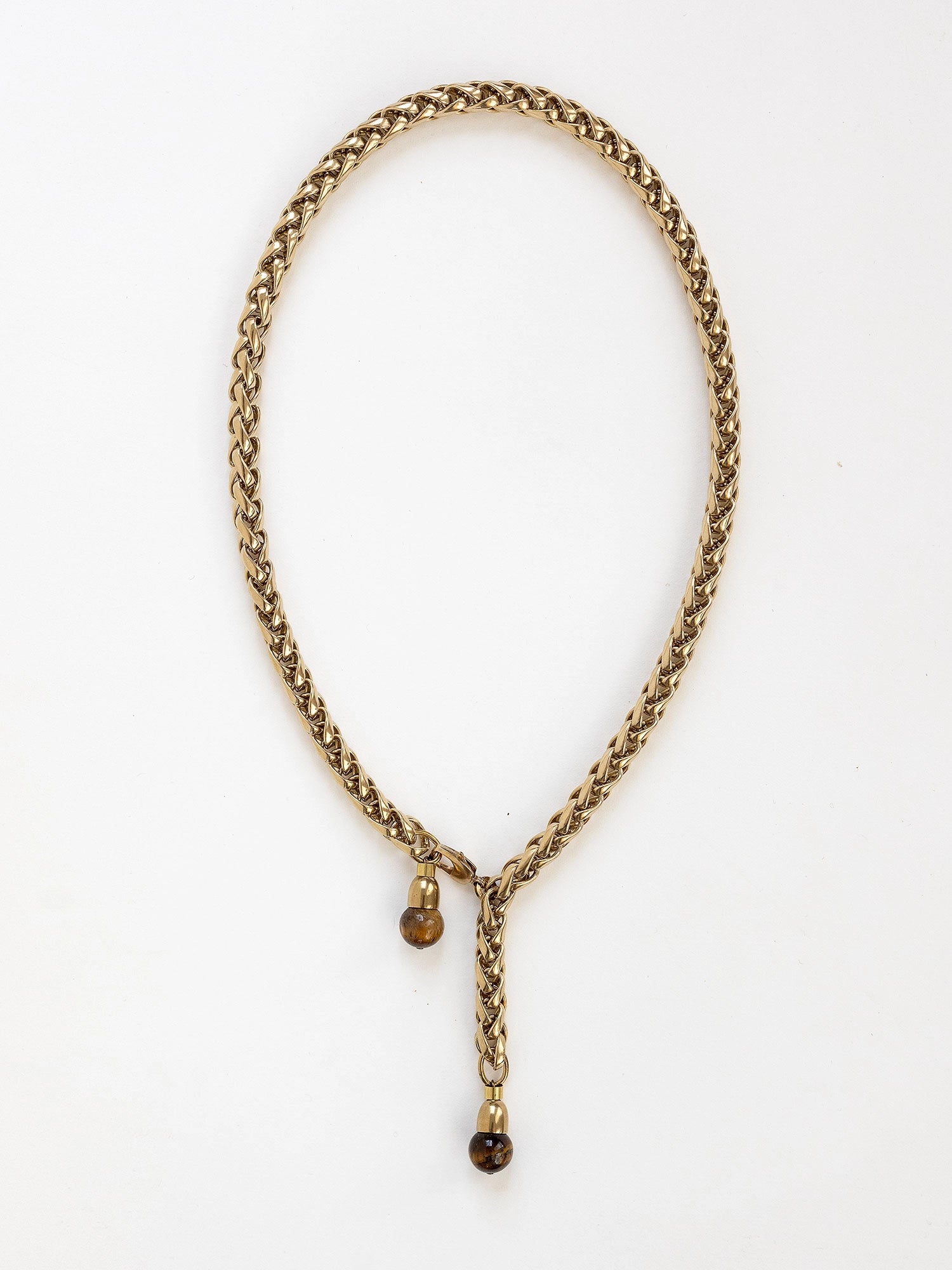 Brass Braided Chain Lariat Style Necklace with Tiger Eye Detail by Michelle Ross