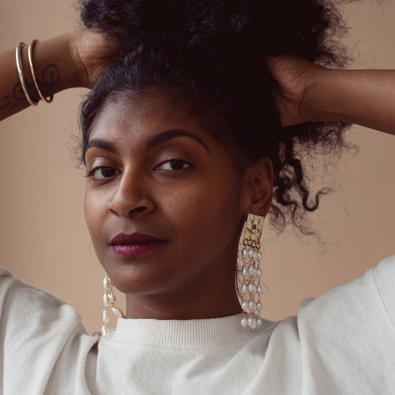 Michelle Ross Pearl Collections Alessa Brass and Pearl Dangly Statement Earrings