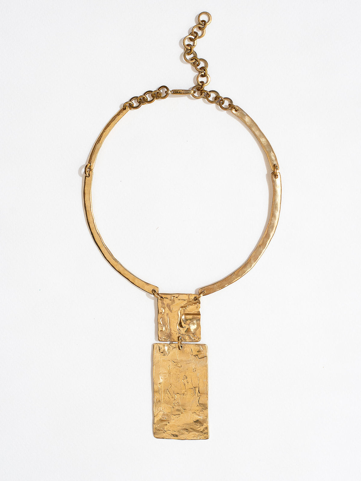 gold coloured brass collar necklace with rectangular pendant 