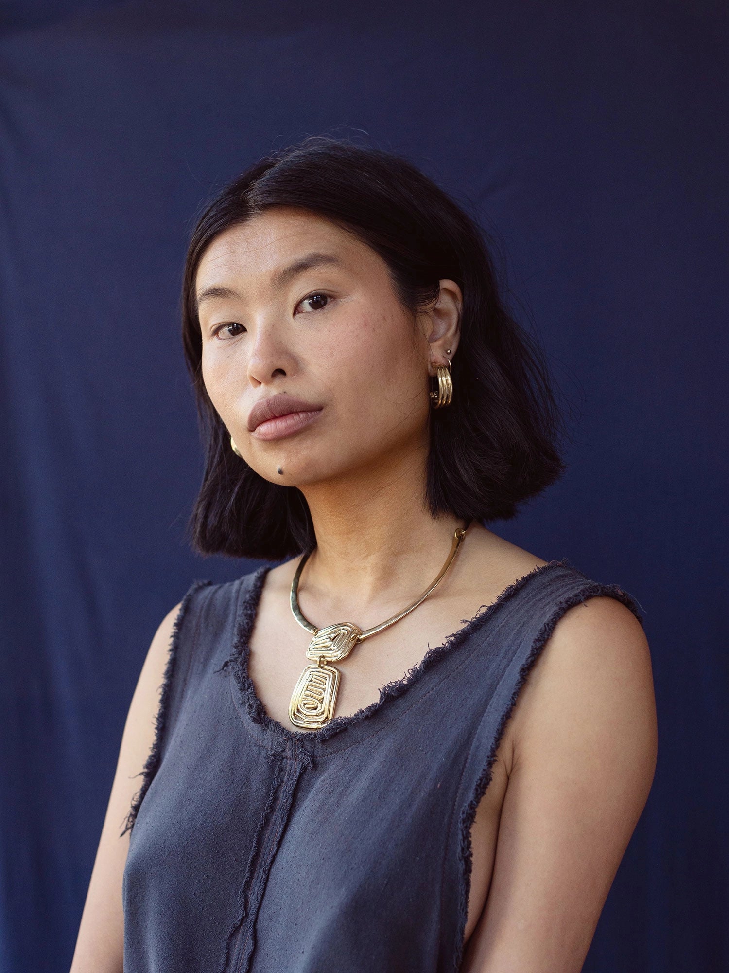 Michelle Ross Mauray Collection Cerce Brass Collar Necklace and Brass Hoop Earrings