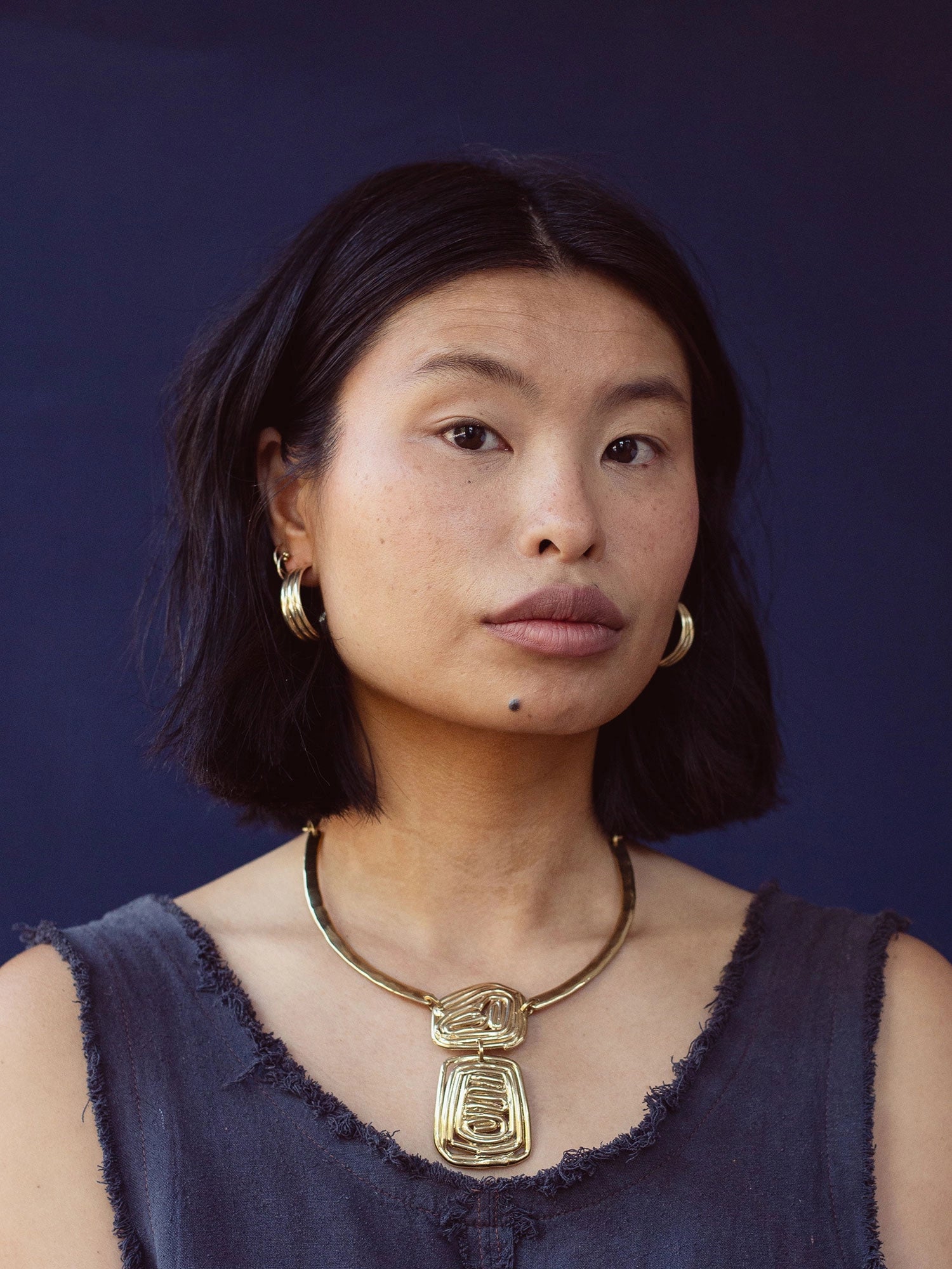 Michelle Ross Mauray Collection Cerce Brass Collar Necklace and Como Brass Hoop Earrings