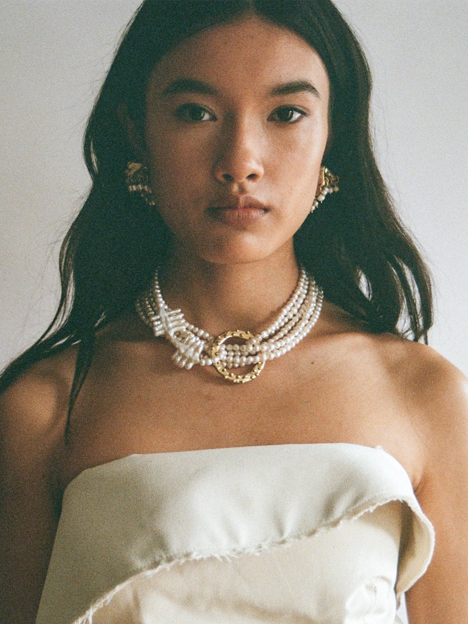 Echi Pearl Drop Dangly Brass Statement Earrings by Michelle Ross