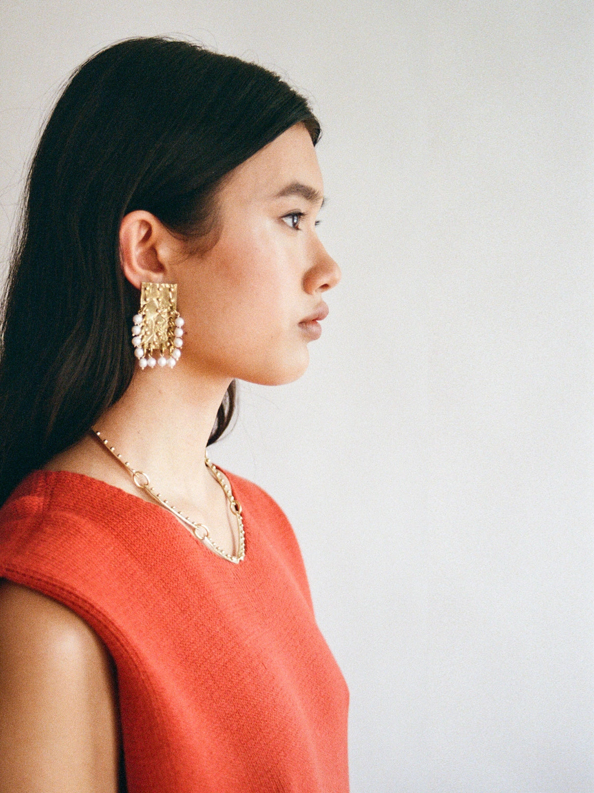 Eris Freshwater Pearl and Brass Statement Earrings by Michelle Ross