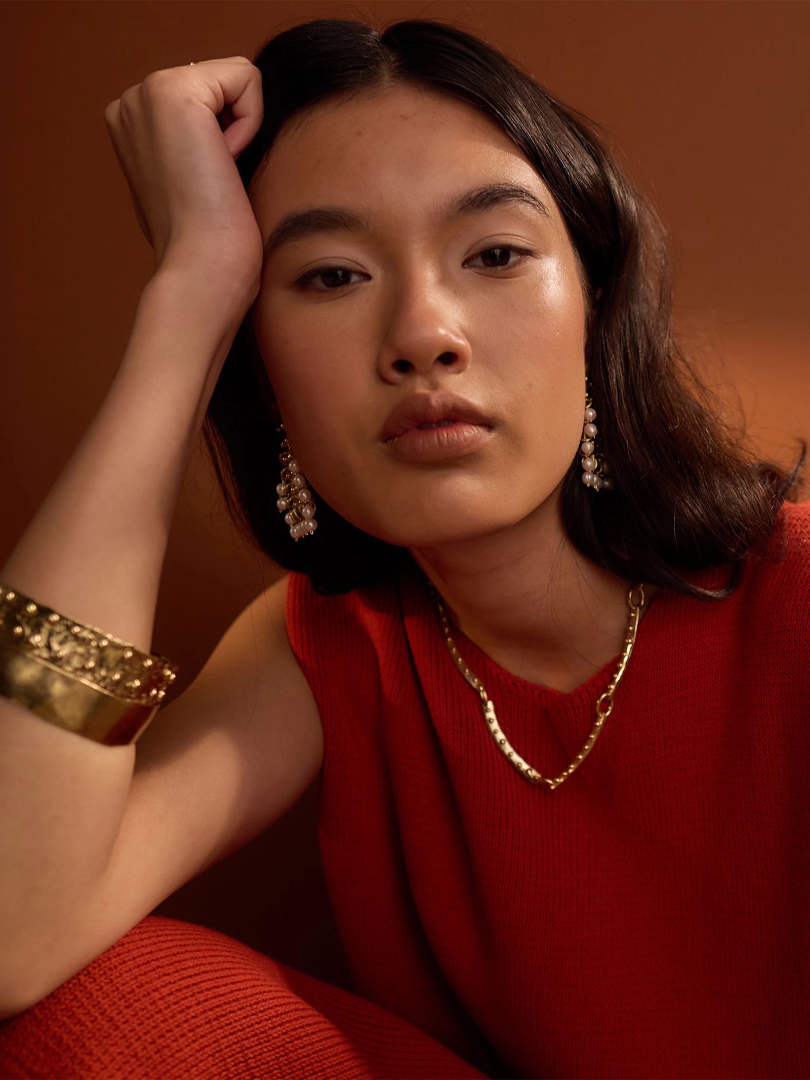 Eris Freshwater Pearl and Brass Statement Earrings by Michelle Ross