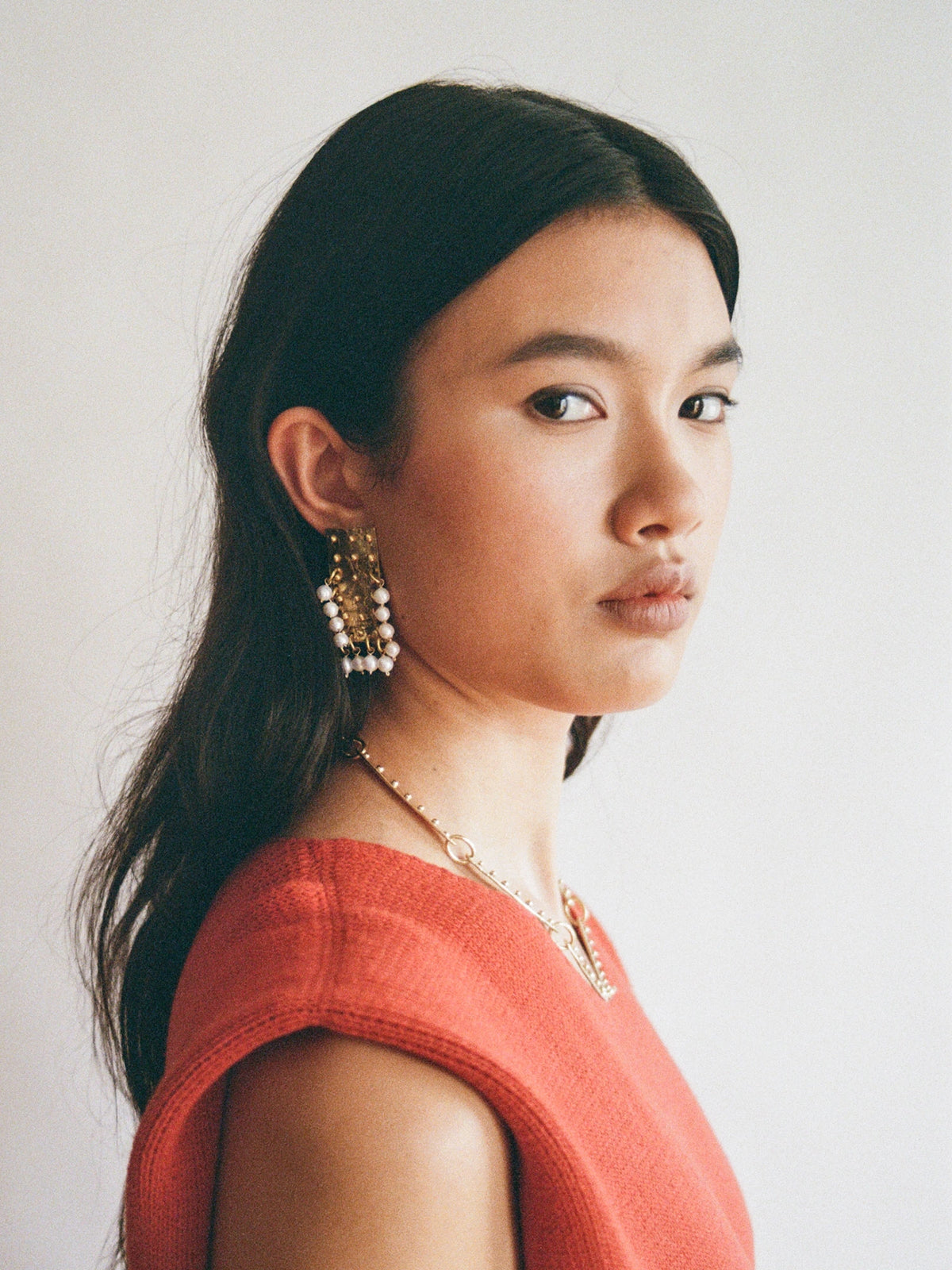 Eris Freshwater Pearl and Brass Statement Earrings by Michelle Ross