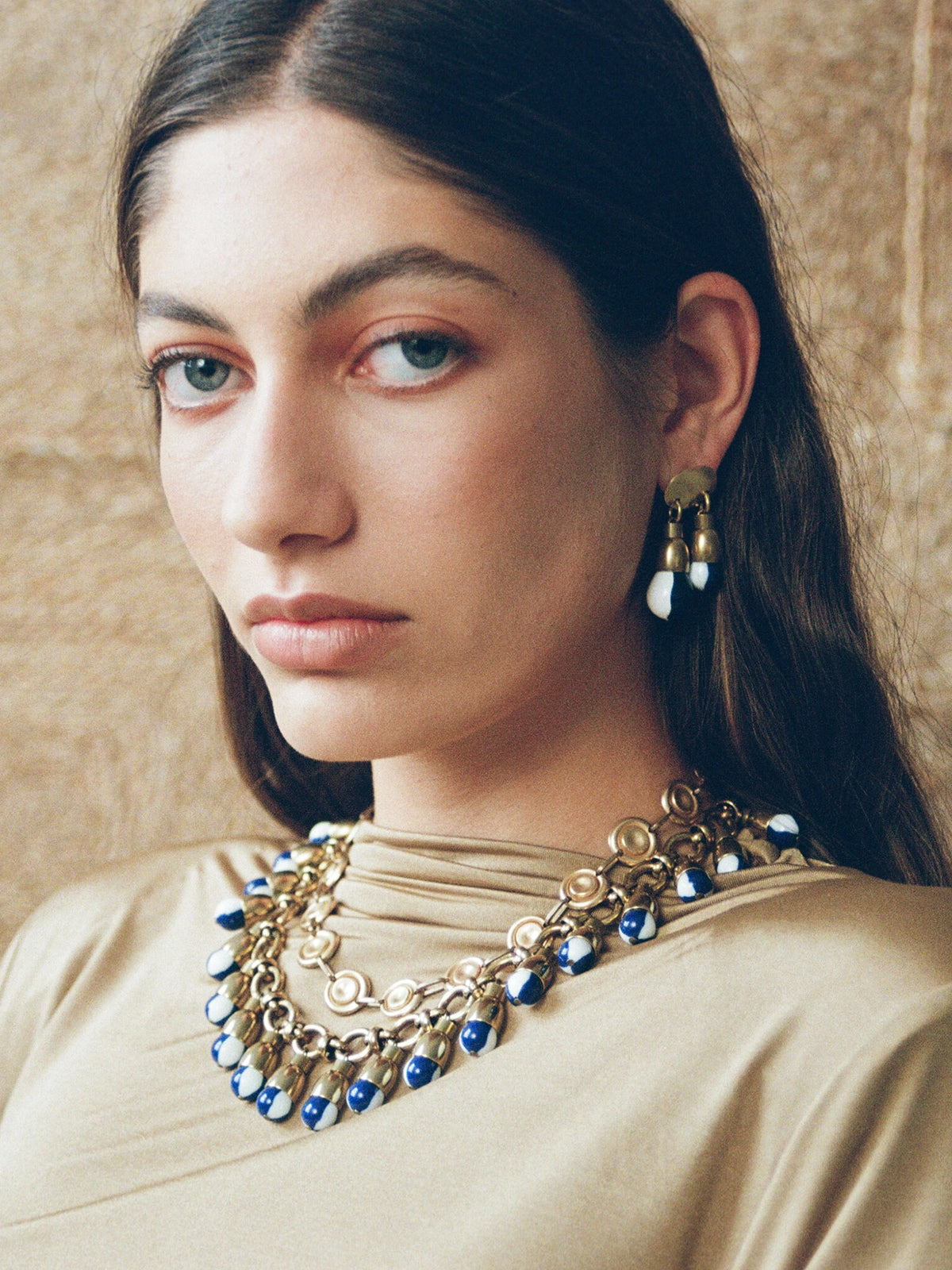 Estee Brass Blue and White Resin Small Earrings Michelle Ross