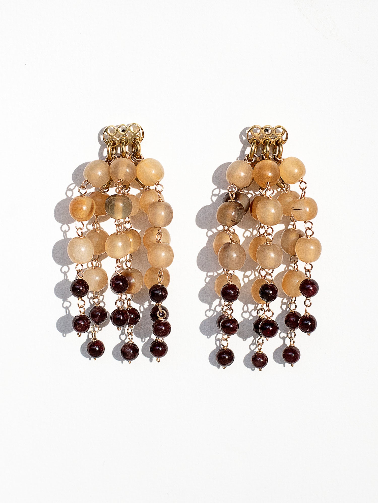 Faida Horn and Garnet Beaded Dangly earrings by Michelle Ross