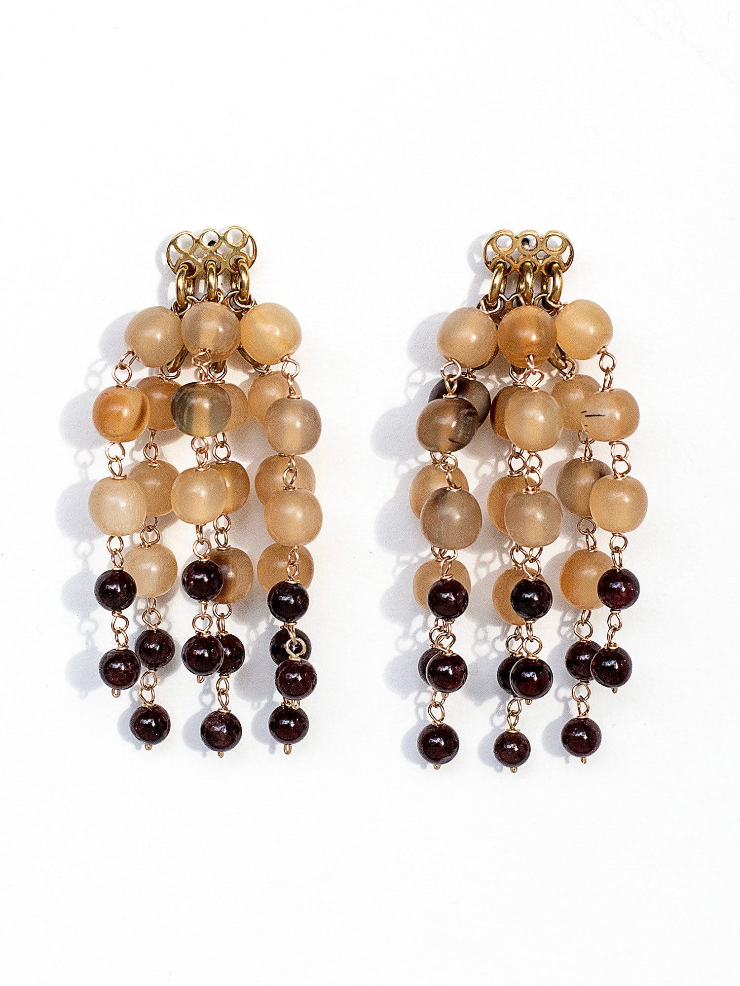 Faida Horn and Garnet Beaded Dangly earrings by Michelle Ross