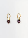 pair of brass earrings with espresso brown pearl drops