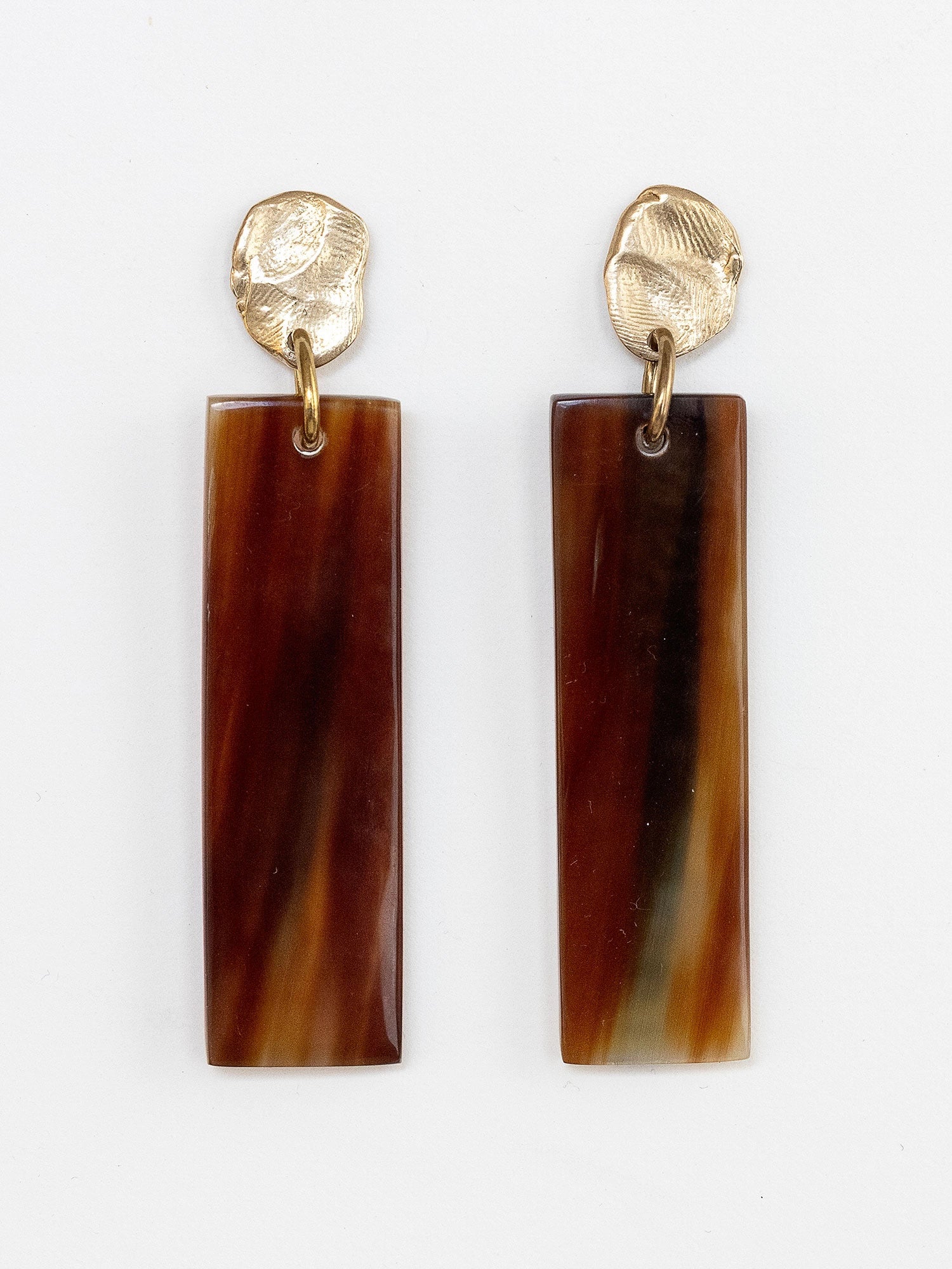 Lennox Brass and Rectangular Brown Horn Drop Statement Earrings by Michelle Ross