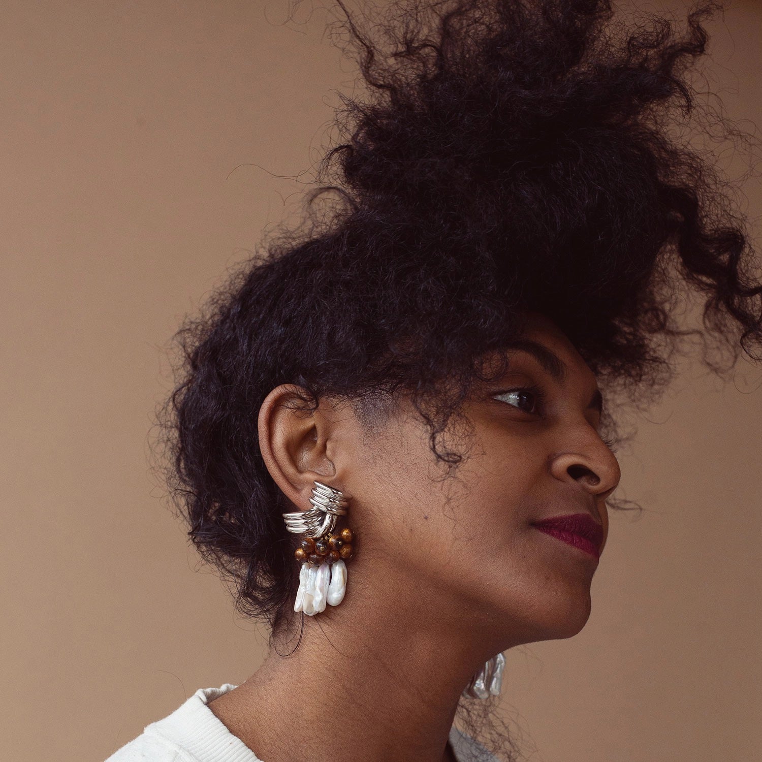 Michelle Ross Pearl Marcella Sea Bamboo Silver and Pearl Statement Earrings