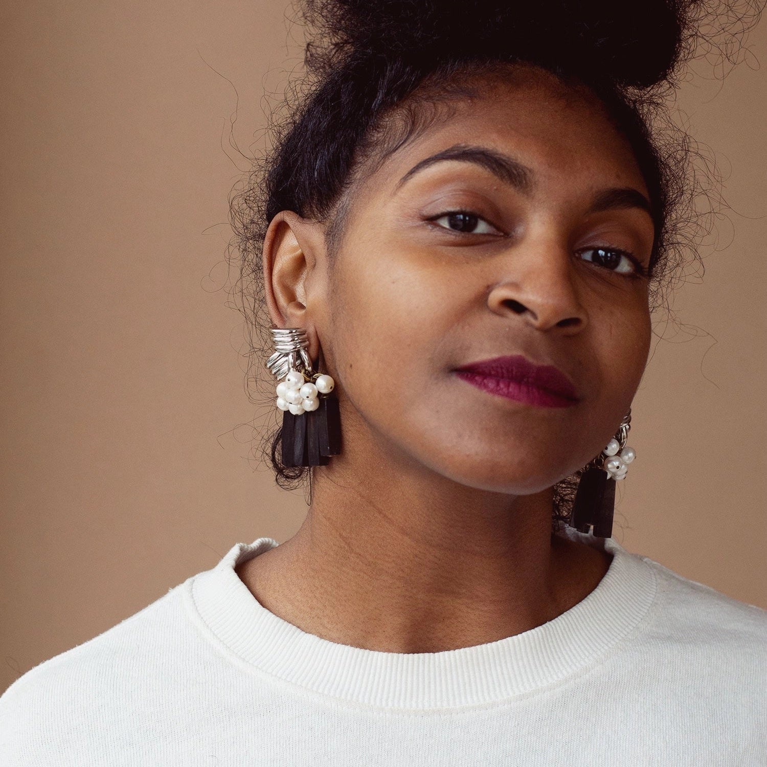 Michelle Ross Pearl Marcella Sea Bamboo Silver and Pearl Statement Earrings