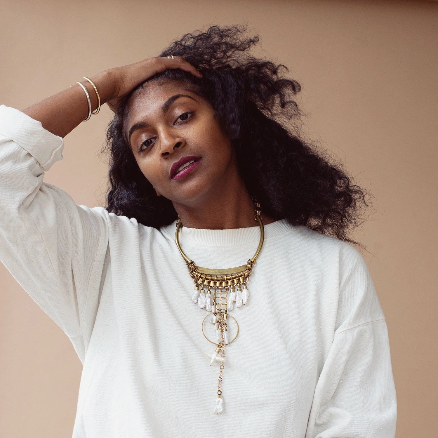 Michelle Ross Pearl Collection Neeve Brass Collar and Pearl Statement Necklace