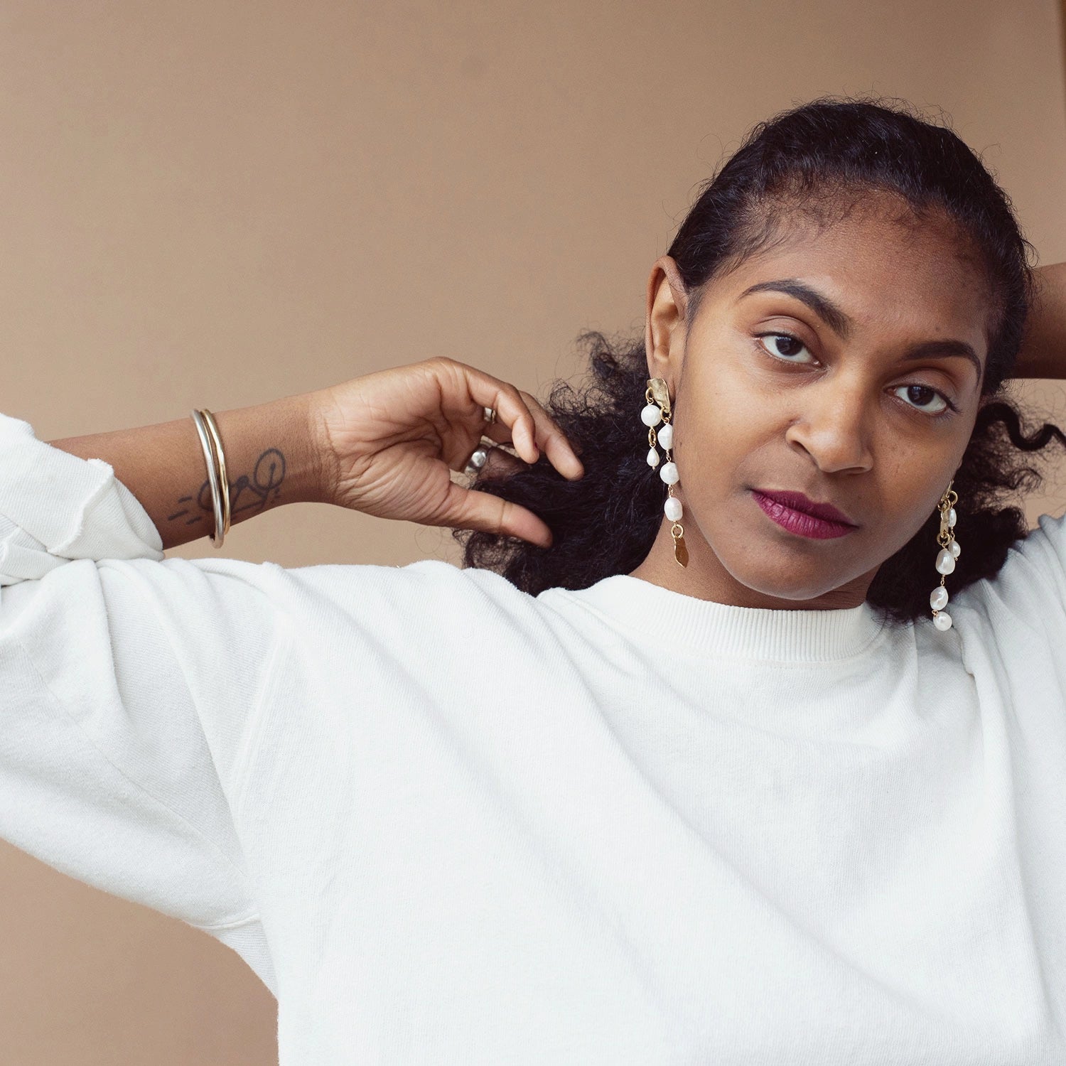 Michelle Ross Pearl Collection Photina Pearl and Brass Dangly Statement Earrings