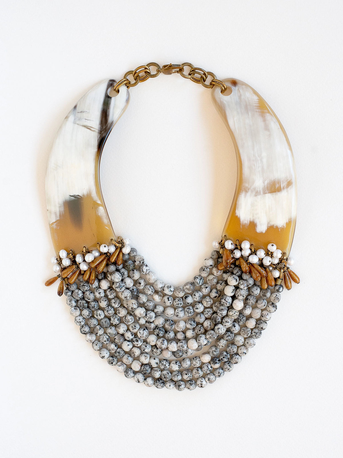 Necklace with layered beads of sesame jasper, sea bamboo &amp; fresh water pearl with and horn collar necklace by Michelle Ross
