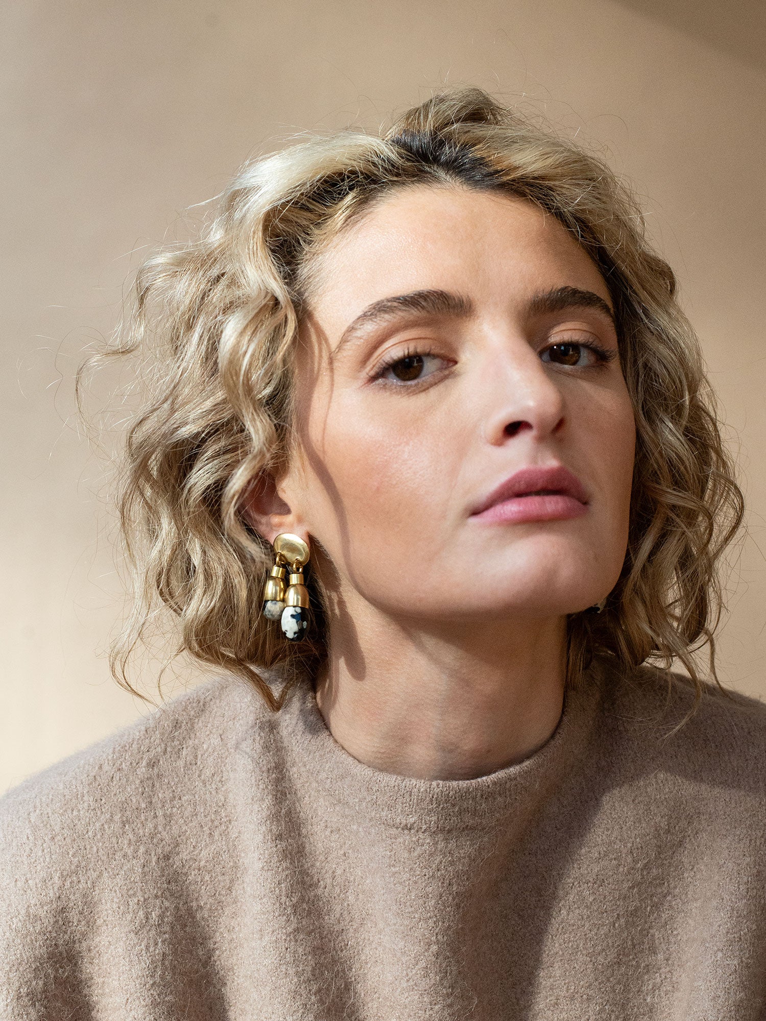 Pair of brass and marbled agate earrings by Michelle Ross