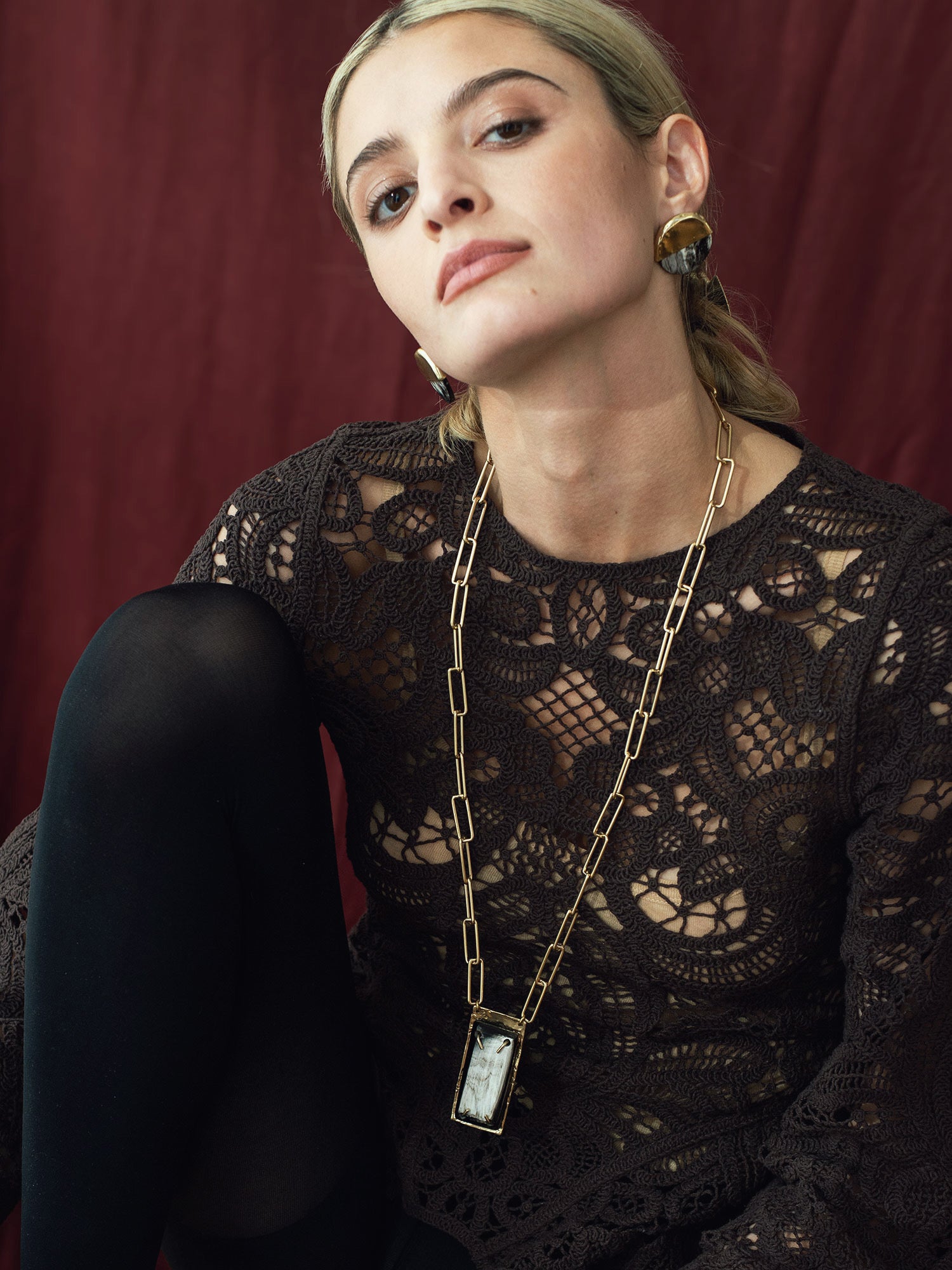 Mora Brass Chain Long Necklace with Statement Pendant made with Horn & Brass by Michelle Ross