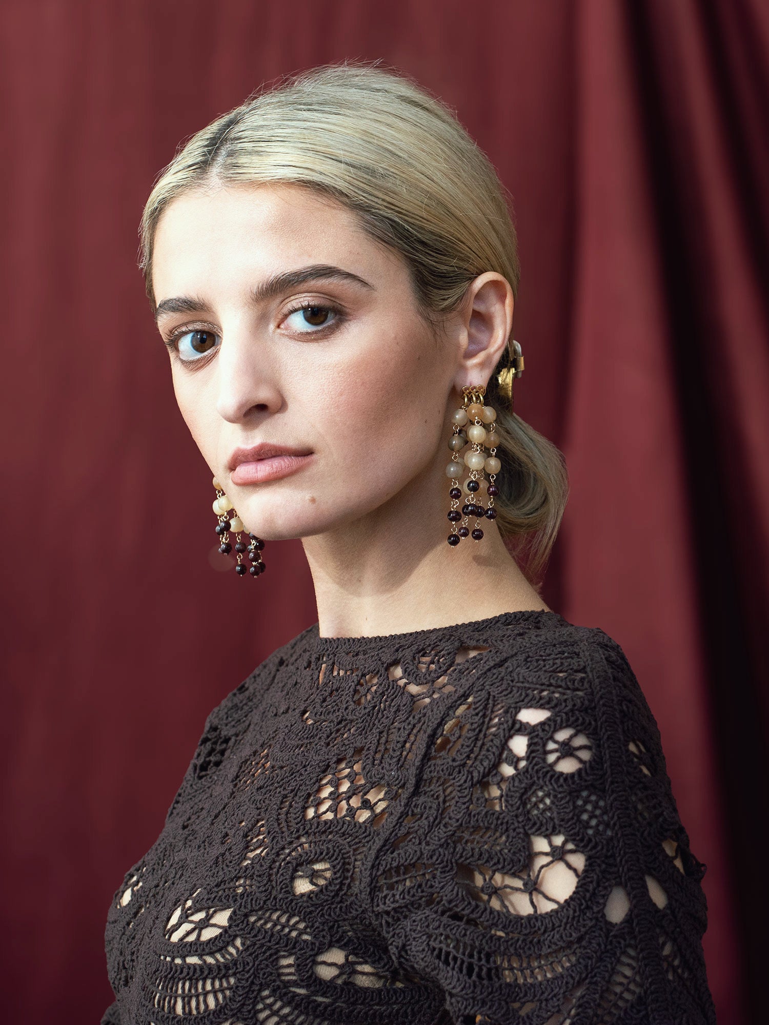 Faida Horn and Garnet Beaded Dangly earrings by Michelle Ross