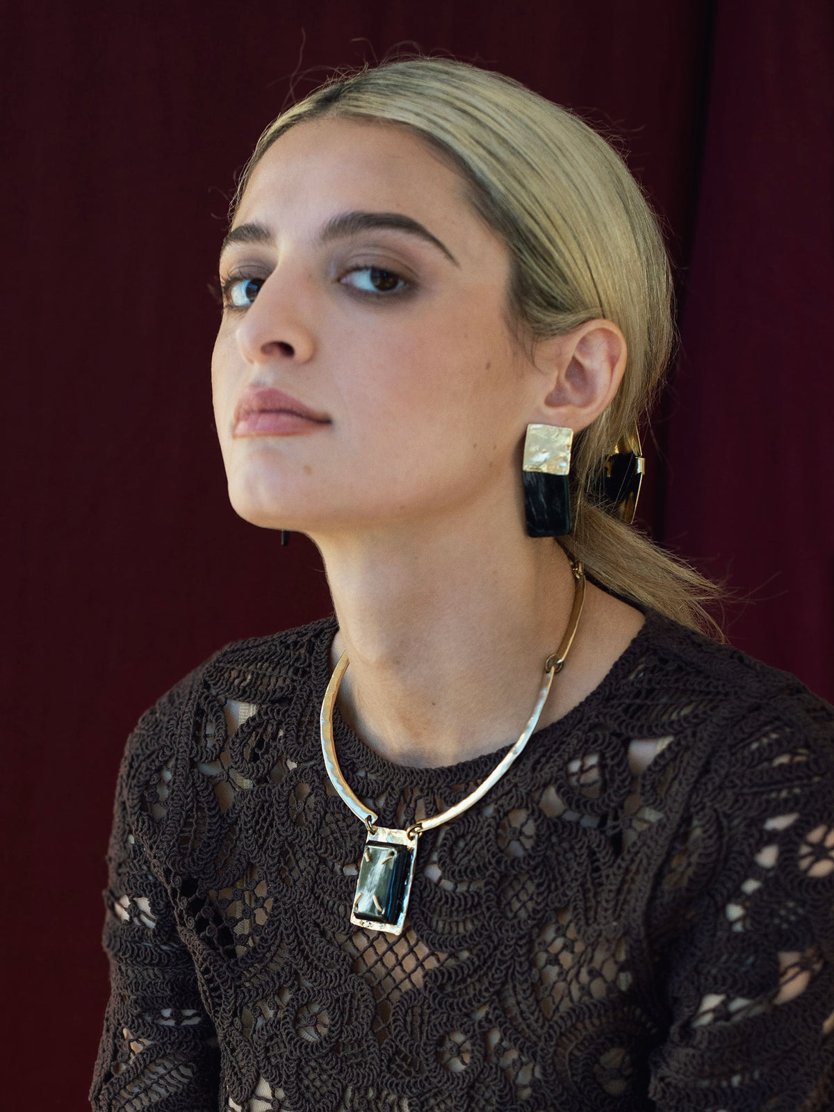 Ora Black Horn &amp; Brass Stud Rectangular Statement Earrings with Muir Brass Solid Collar Necklace with rectangular brass and horn pendant by Michelle Ross