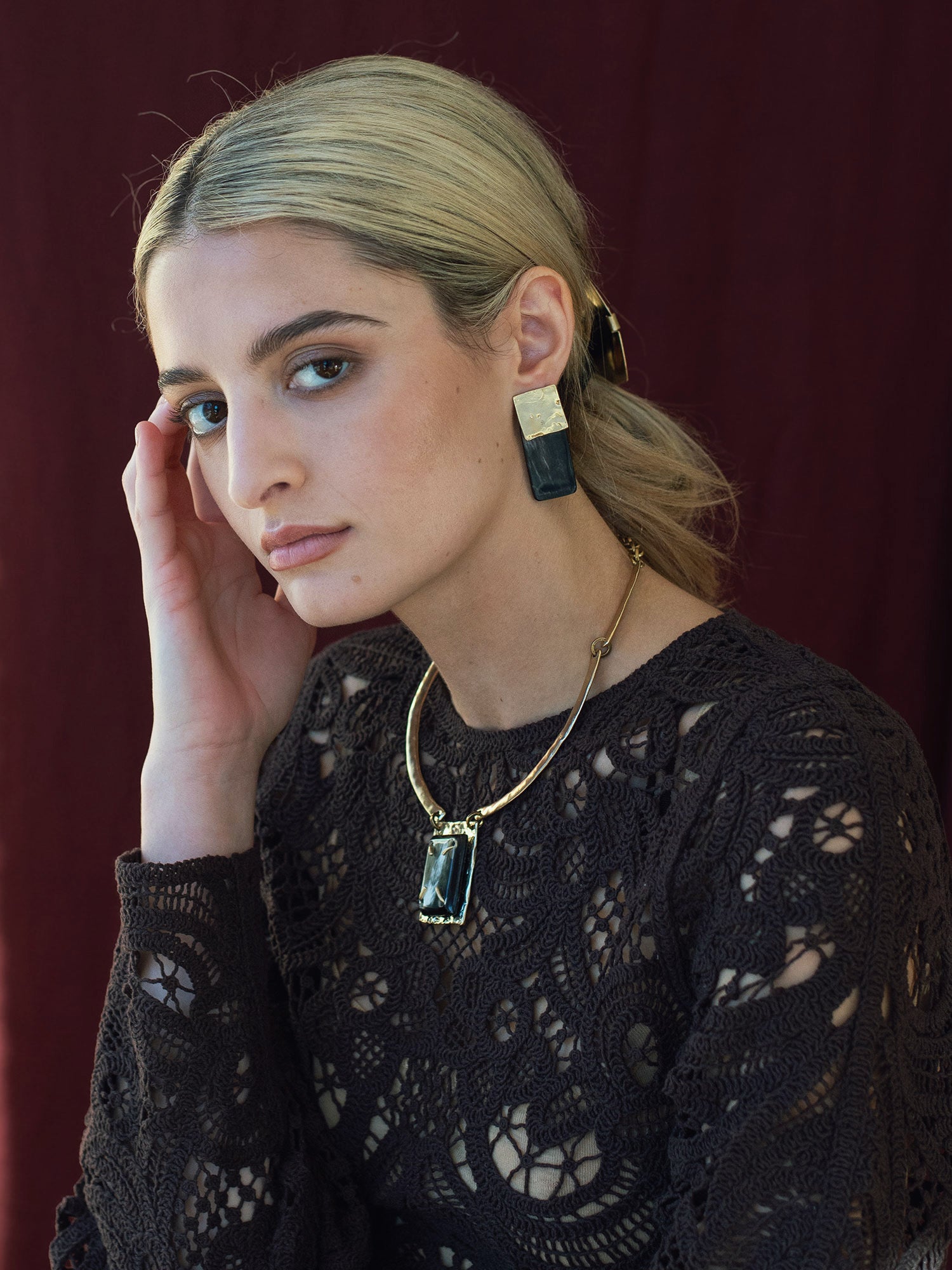 Ora Black Horn & Brass Stud Rectangular Statement Earrings with Muir Brass Solid Collar Necklace with rectangular brass and horn pendant by Michelle Ross