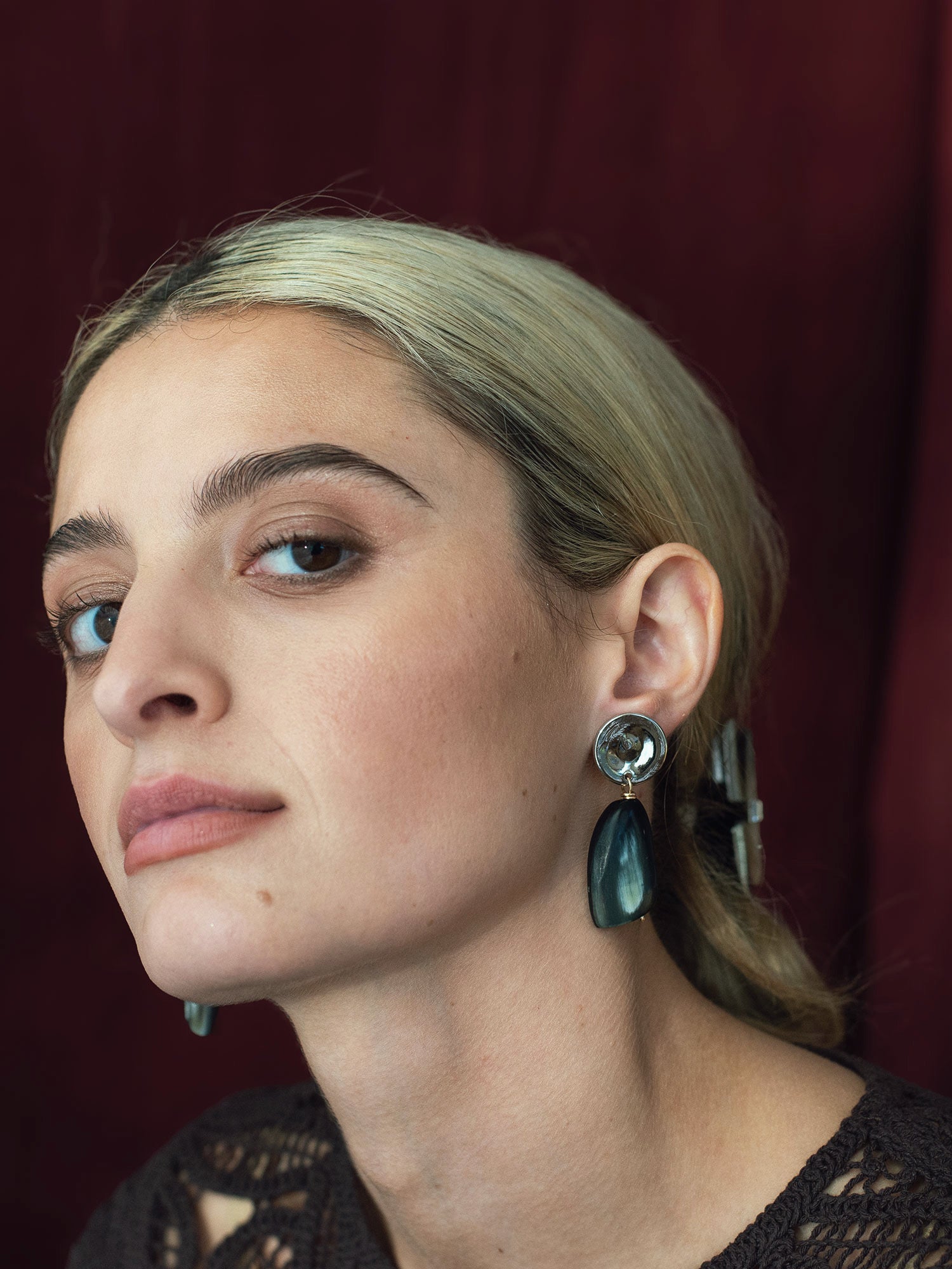 Nann Silver Disc and Black and White Horn Dangle Earrings by Michelle Ross