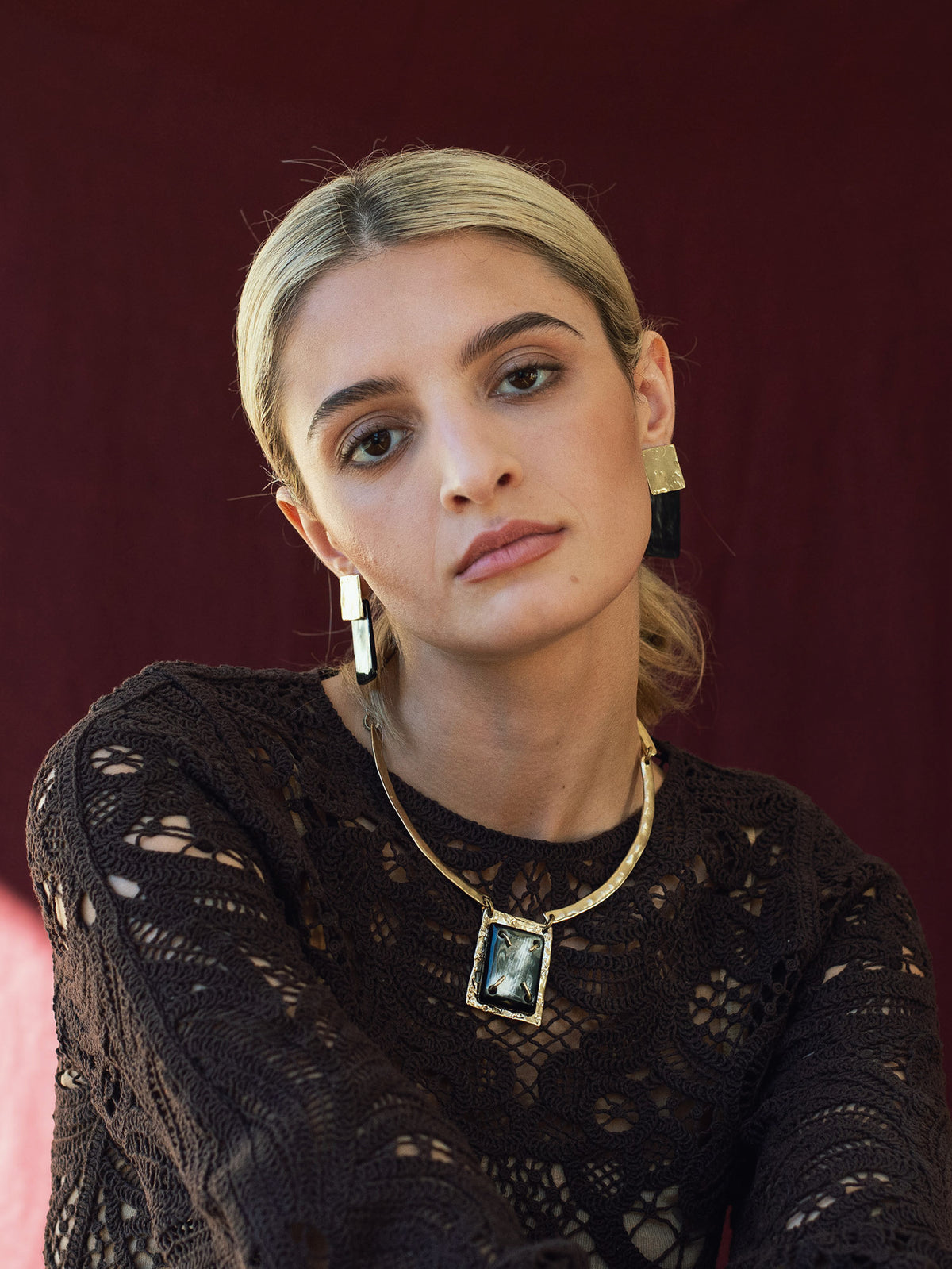 Ora Black Horn &amp; Brass Stud Rectangular Statement Earrings &amp; Muir Brass Solid Collar Necklace with rectangular brass and horn pendant by Michelle Ross