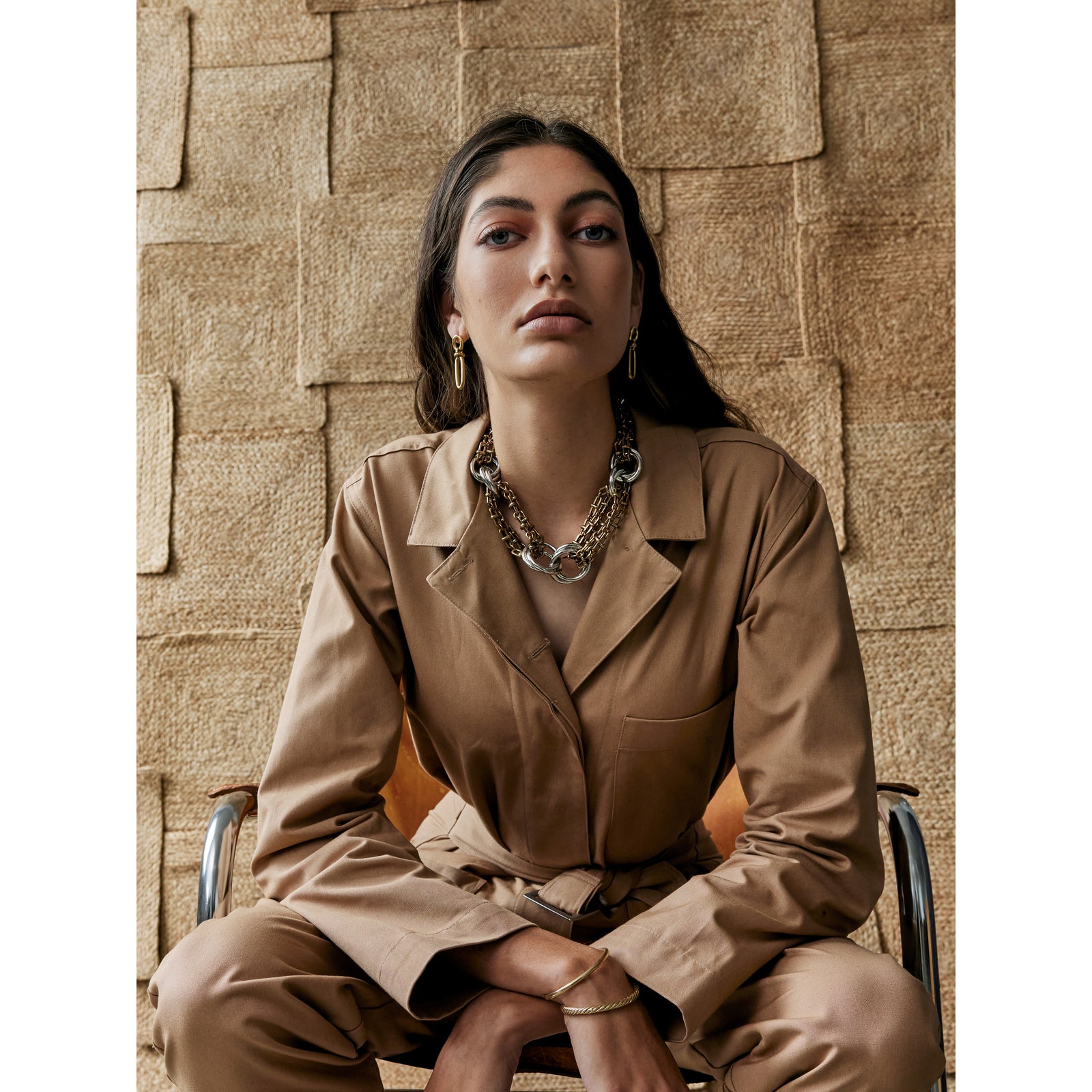 Michelle Ross Bette Brass Earrings and Agnus Brass and Rhodium Chain Link Necklace