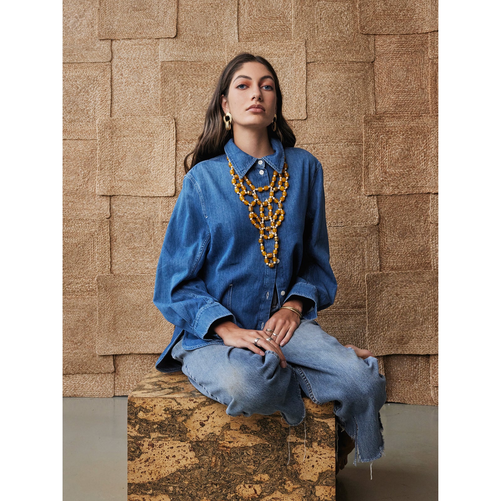 Michelle Ross Brass Amber Resin Statement Necklace and Benni Brass Earrings