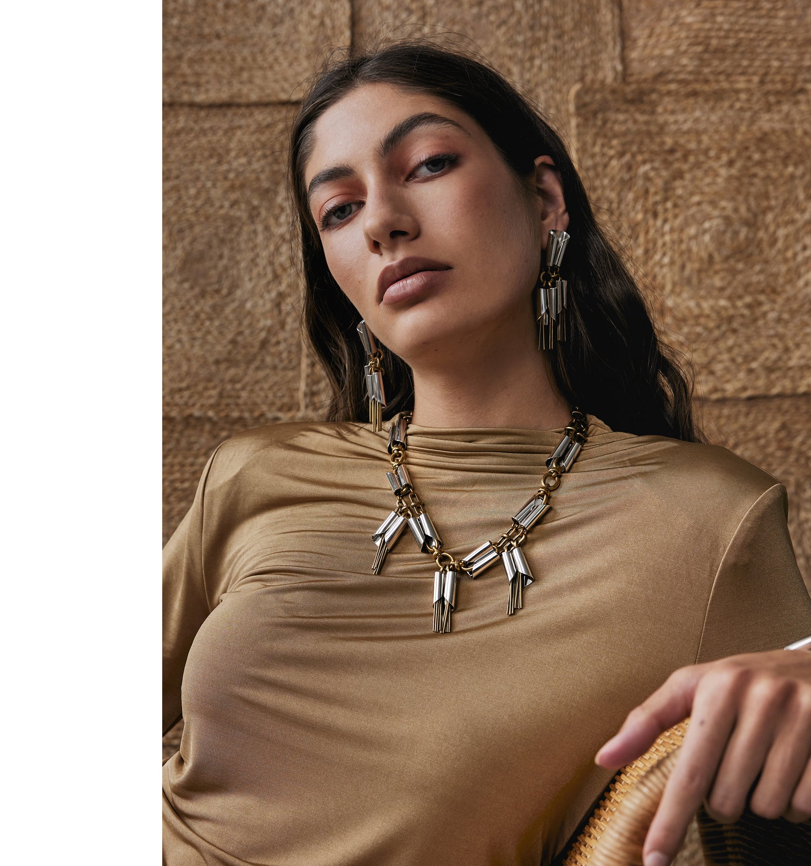 Michelle Ross Dhelia Silver and Brass Statement Earrings and Dreya Brass and Silver Necklace