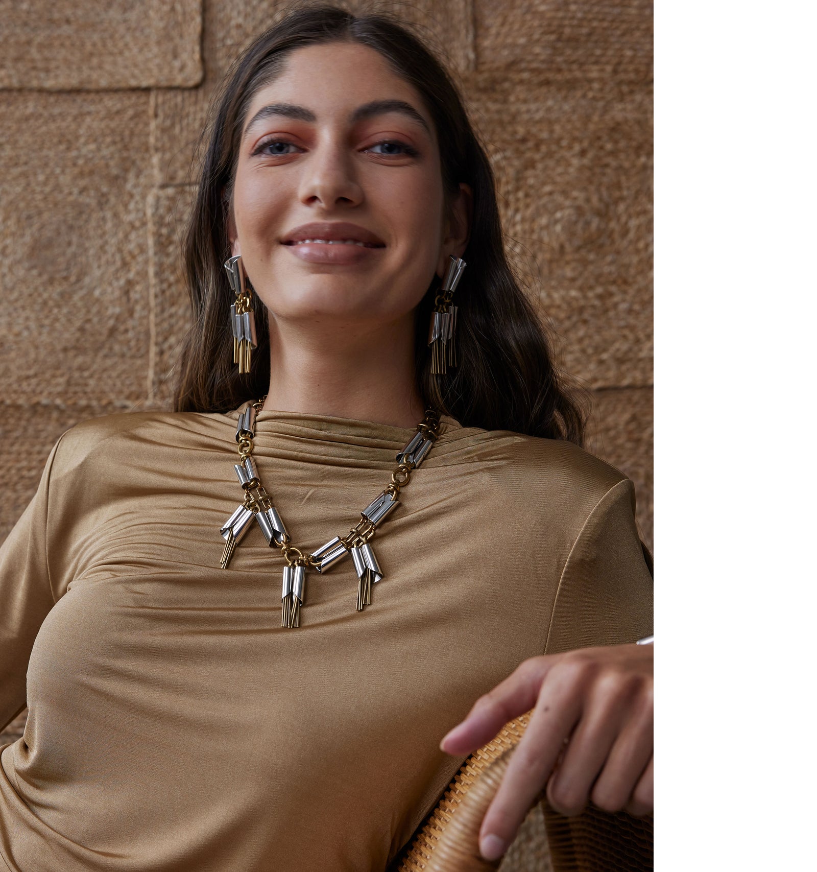 Michelle Ross Dhelia Silver and Brass Statement Earrings and Dreya Brass and Silver Necklace