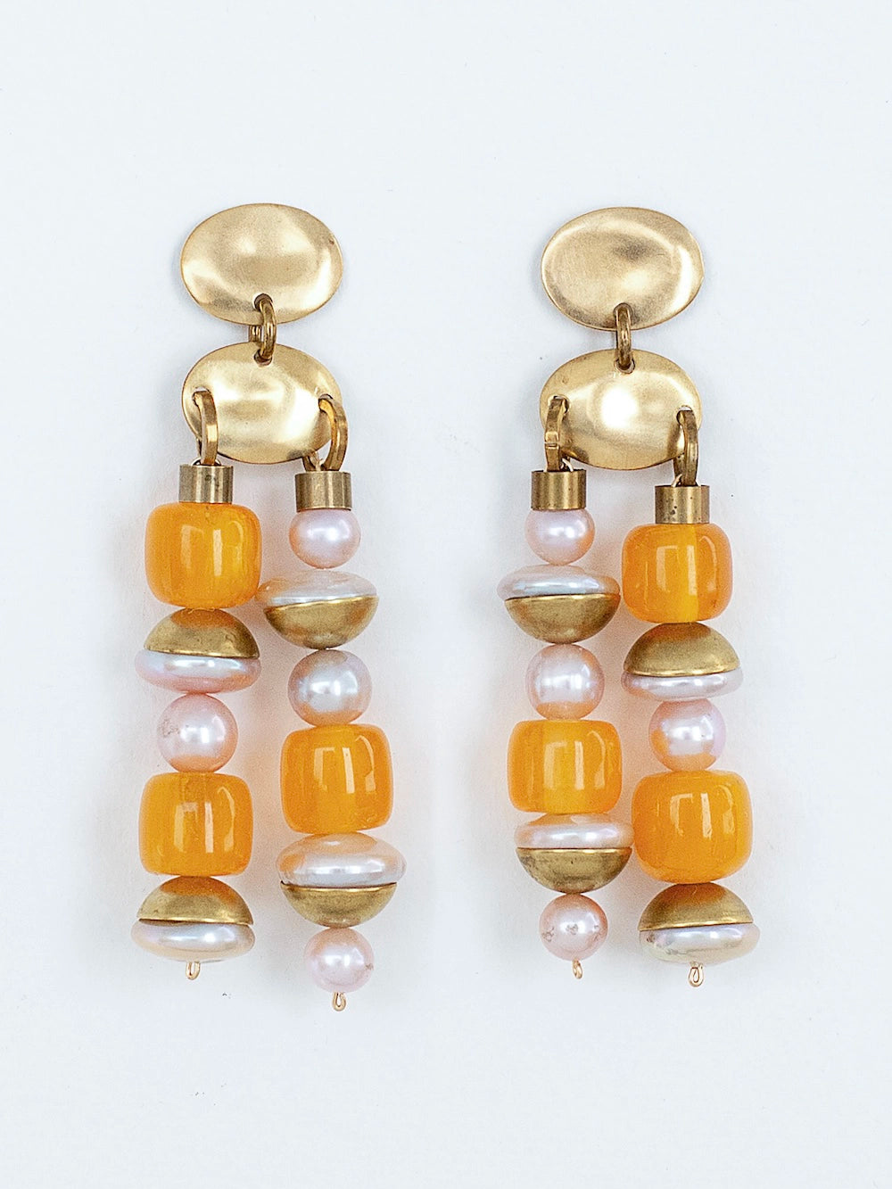 Michelle Ross Ellison Brass Amber Resin and Pink Pearl Earrings