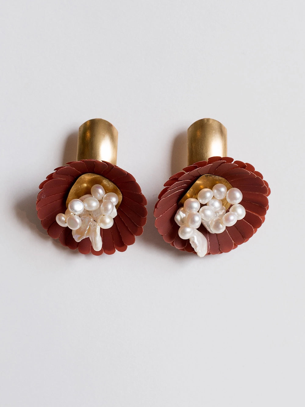 Michelle Ross June Leather Brass and Pearl Cluster Flower Earrings