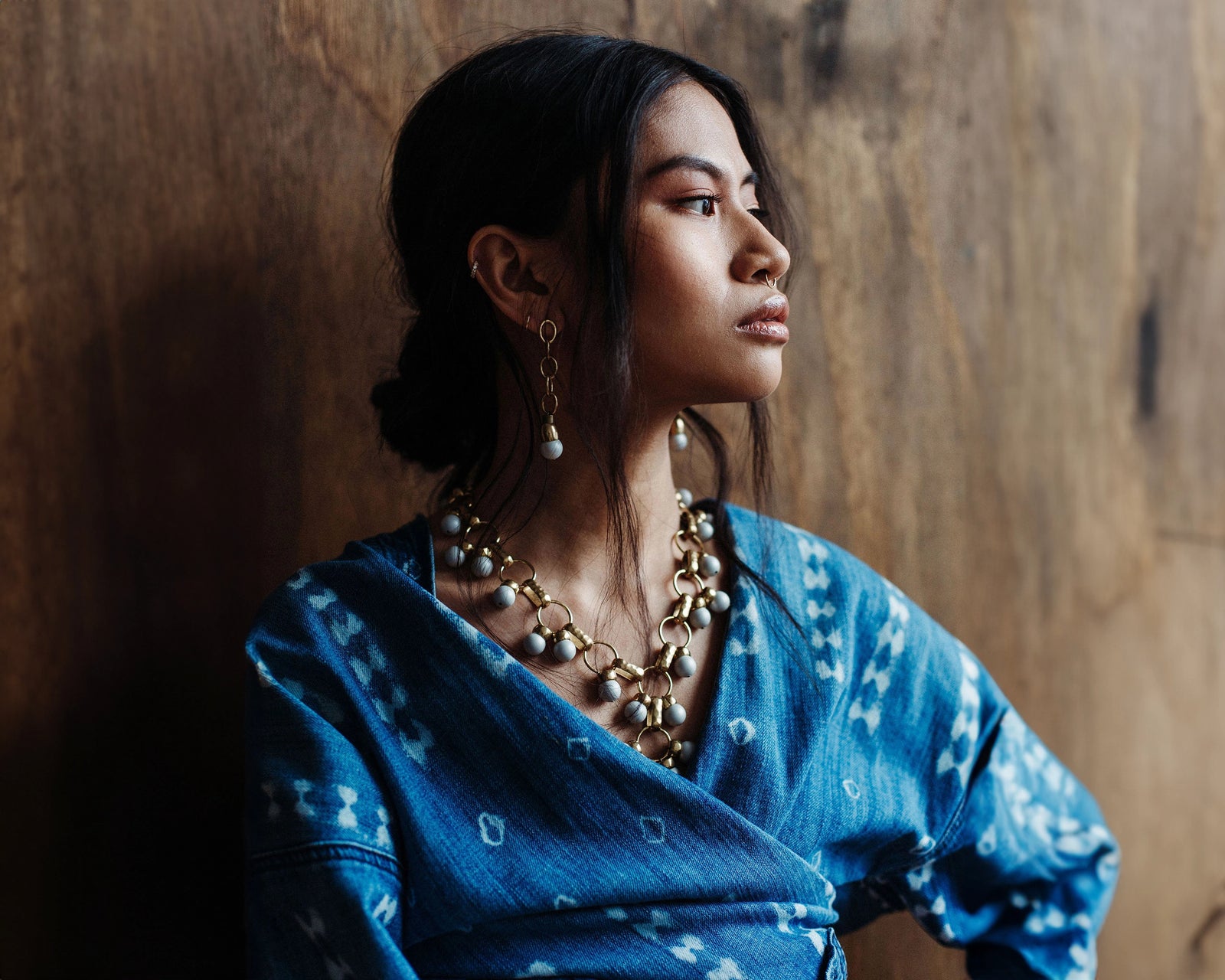 Michelle Ross Maelo Collection Liliam Brass and Beaded Necklace and Cay Beaded Brass Earrings