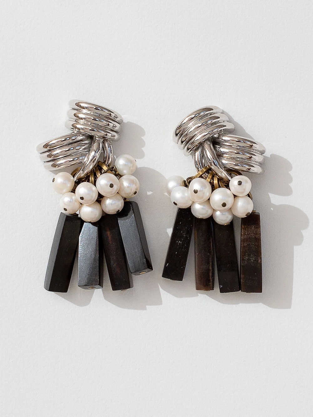 Michelle Ross Marcella Horn, Sterling Silver and Pearl Cluster Statement Earrings