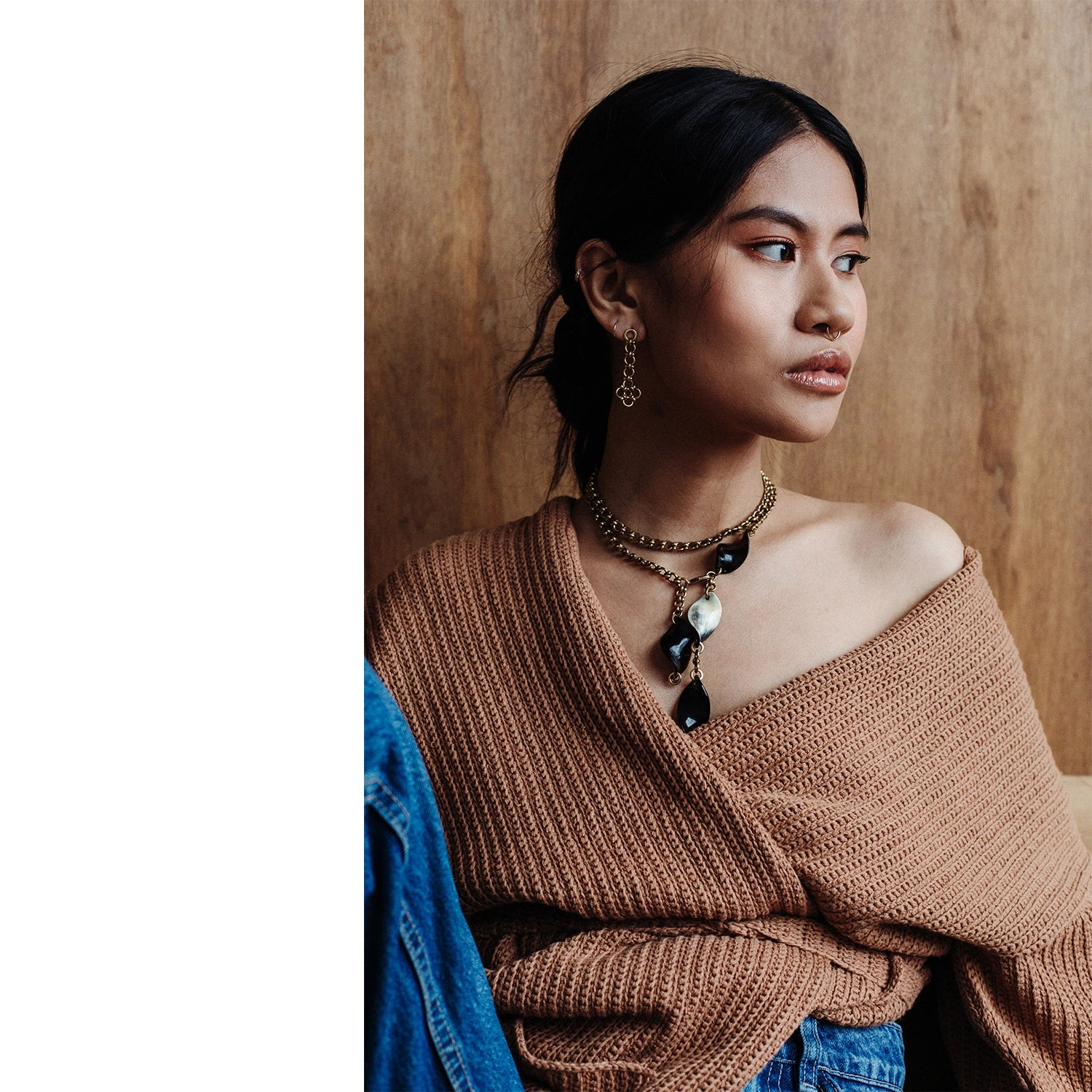 Michelle Ross Maelo Mele Horn Lariat Brass Necklace and Orit Brass Earrings