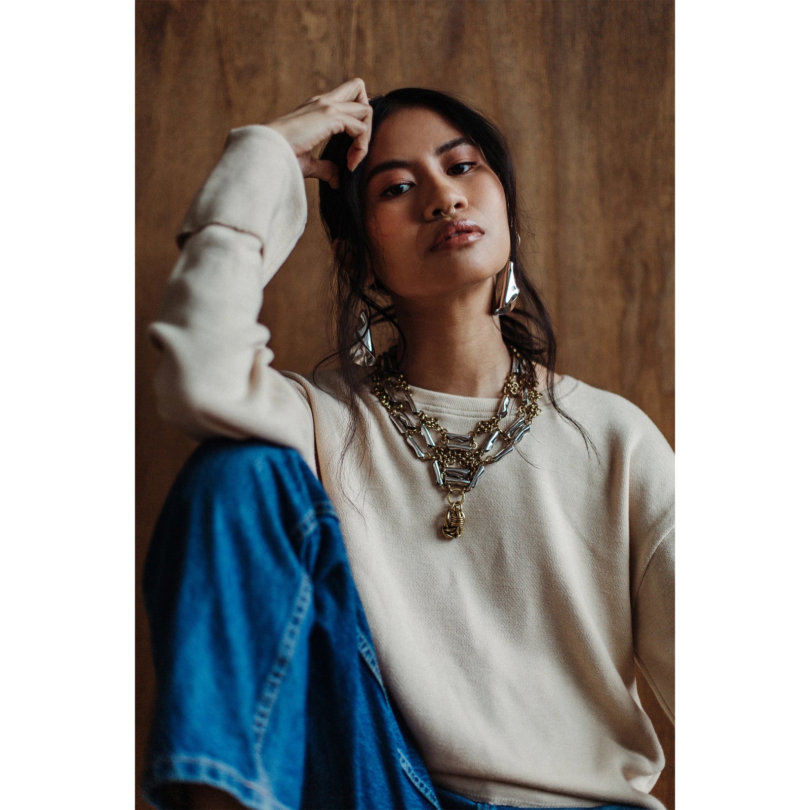 Michelle Ross Milona Brass and Silver Necklace Rosa Silver Earrings